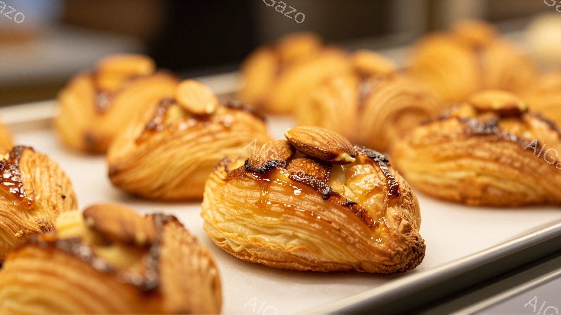 焼き立てのクロワッサン生地で作られた、アーモンドクリームとジャムを詰めたペイストリーが、白い紙が敷かれた金属製の天板に並べられています。表面はキャラメリゼされており、焼き色がついていて、アーモンドがトッピングされています。美味しそうな焼き菓子が、食欲をそそる温かい雰囲気を作り出しています。