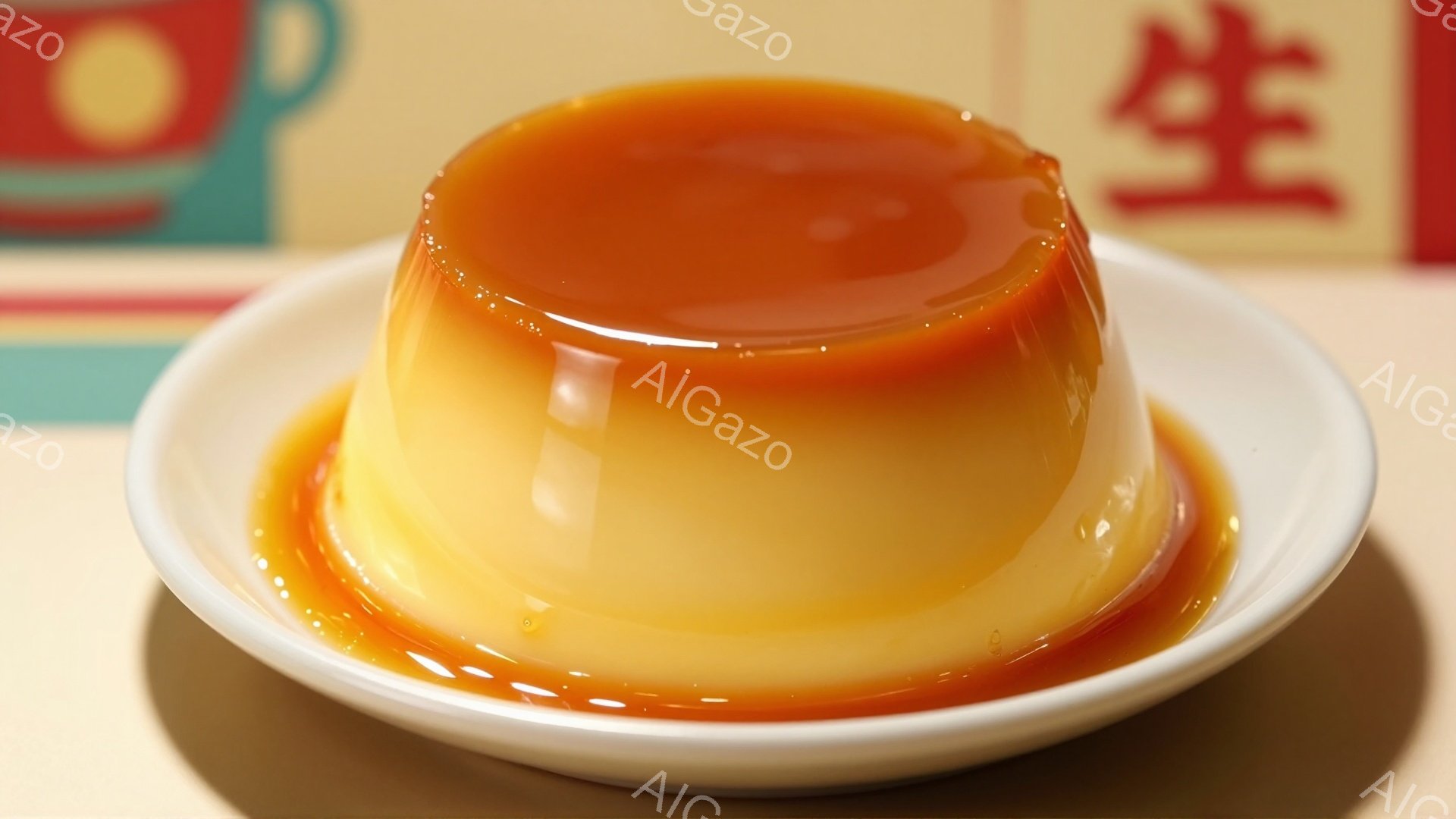 鮮やかなキャラメルソースがかかったプリンが白い皿に盛り付けられています。背景には赤と青の模様が施された壁があり、全体的に温かみのある印象を与えています。プリンの表面は滑らかで、美味しさを引き立てています。