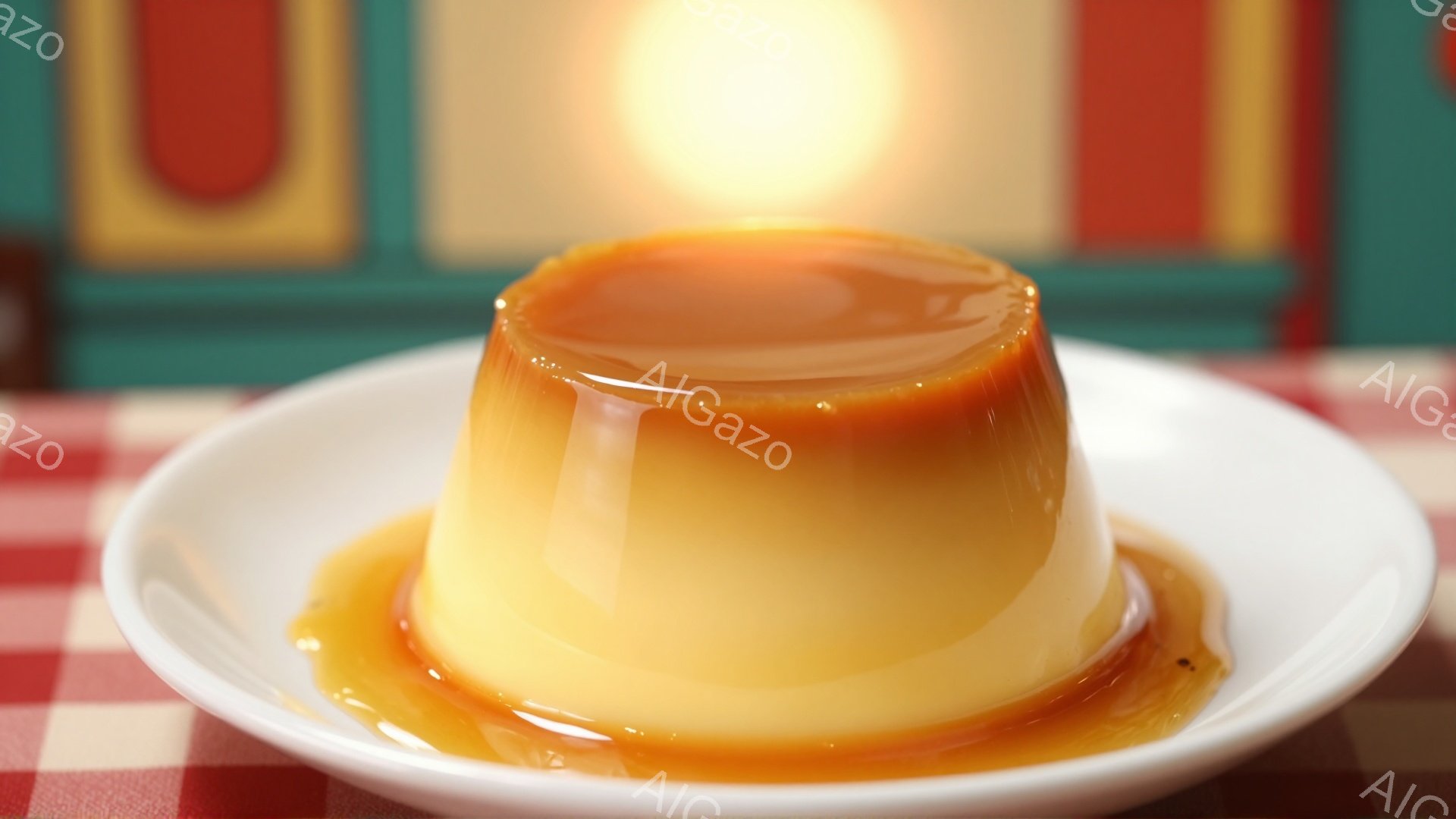 白い皿に、カラメルソースがかかったプリンが置かれています。プリンはなめらかで、明るい黄色と茶色のコントラストが食欲をそそります。背景には赤と白のチェック柄のテーブルクロスと、ぼやけた色の壁があり、全体的に温かく、家庭的な雰囲気です。