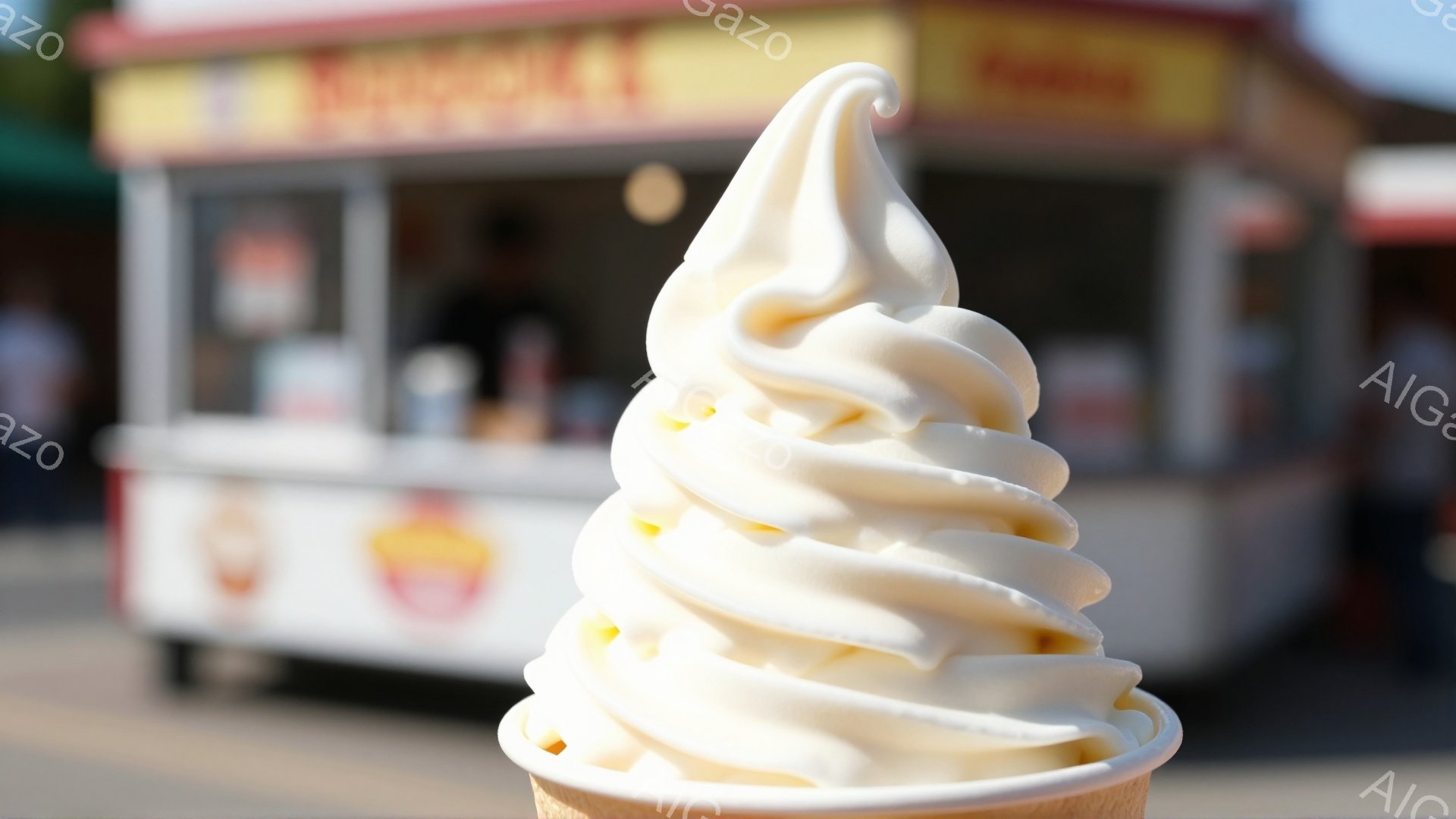 鮮やかな白いソフトクリームが、こんろ状のカップに盛り付けられています。背景には、赤いストライプと文字が書かれた屋台が見え、おそらくアイスクリームや軽食を販売している場所でしょう。晴れた日の屋外で、ソフトクリームが美味しそうに輝いています。