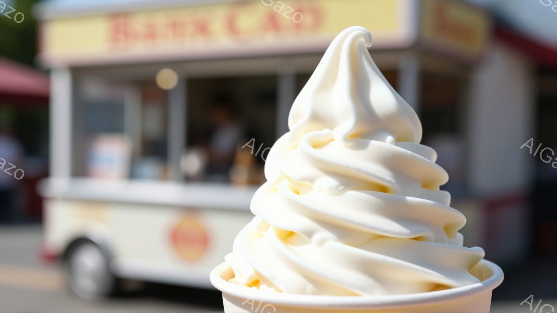 鮮やかな白いソフトクリームが、クリーム色のコーンに入って手前に大きく写っている。背景には、黄色い装飾が施された移動販売車が見え、ぼやけた人物がわずかに確認できる。全体的に明るい日差しの中で、夏の軽快で楽しい雰囲気が漂っている。