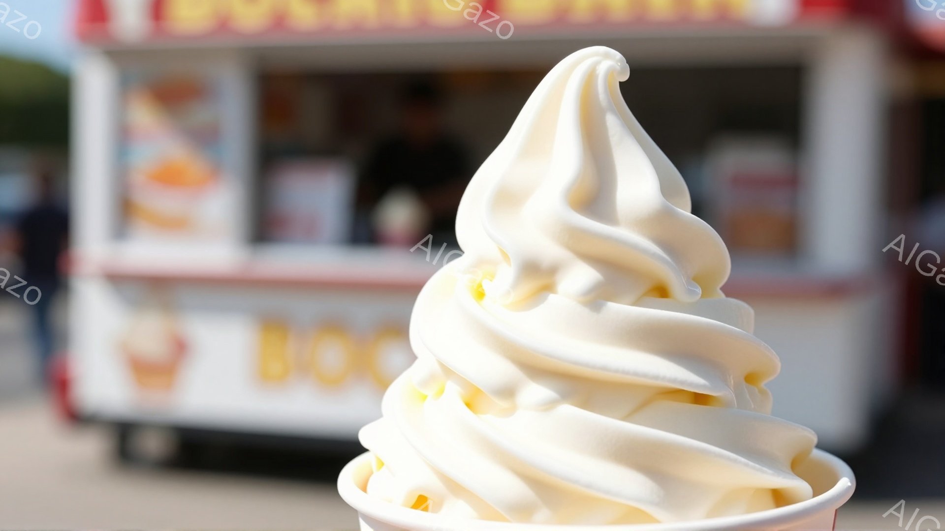 白い紙コップに盛り付けられたソフトクリームが中央に大きく写っている。ソフトクリームは渦を巻いて高く盛り上がり、背景には赤い屋台が見える。屋台は少しぼやけており、晴れた日の屋外で撮影された様子が伺える。 - AI生成フリー素材