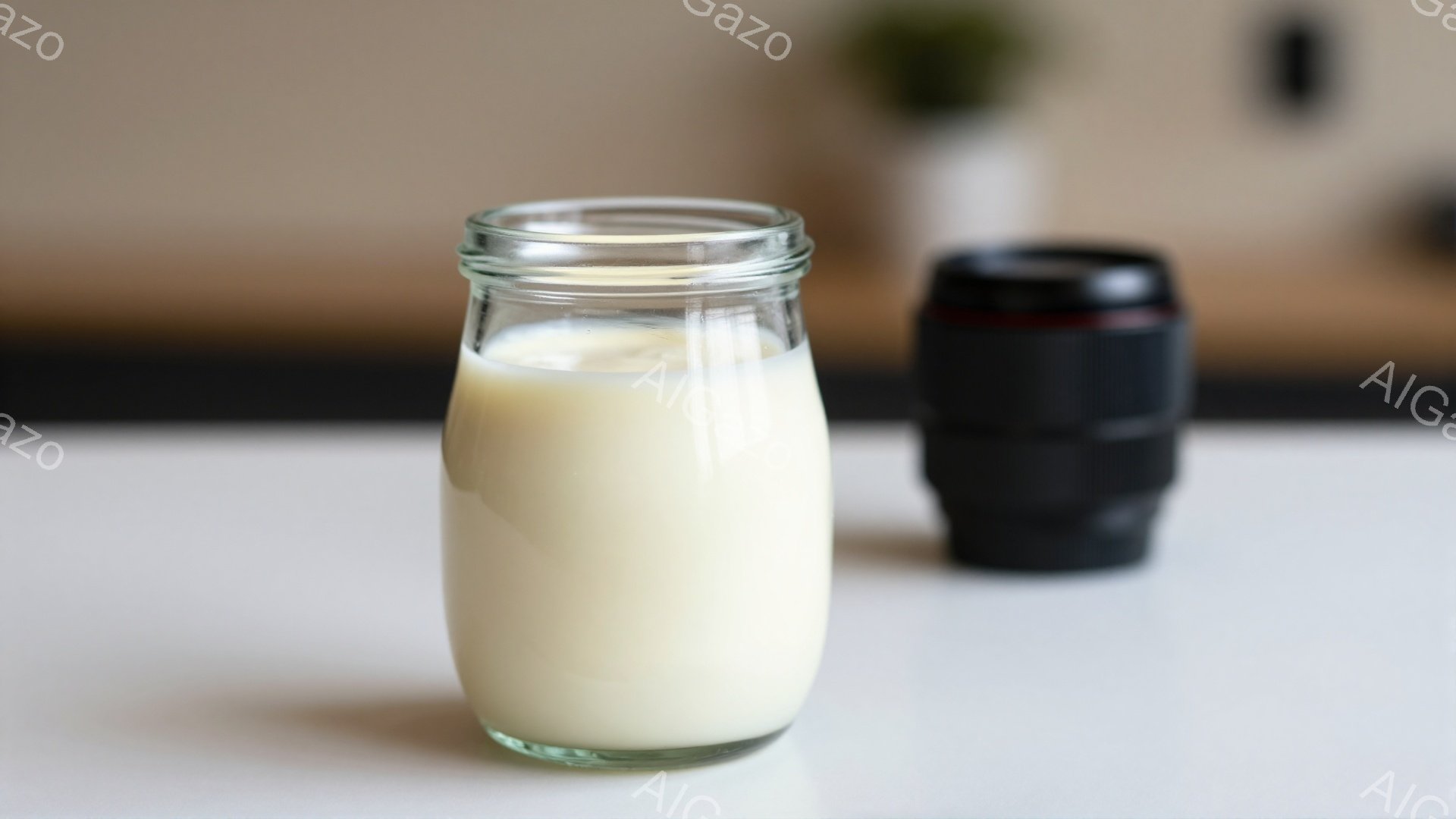 白いテーブルの上に、透明なガラス瓶に入った白い液体が置かれています。その隣には、黒いカメラのレンズが並んでおり、背景はぼやけた明るい色合いで、室内であることがわかります。 全体的に清潔感があり、シンプルな静物写真のような雰囲気です。