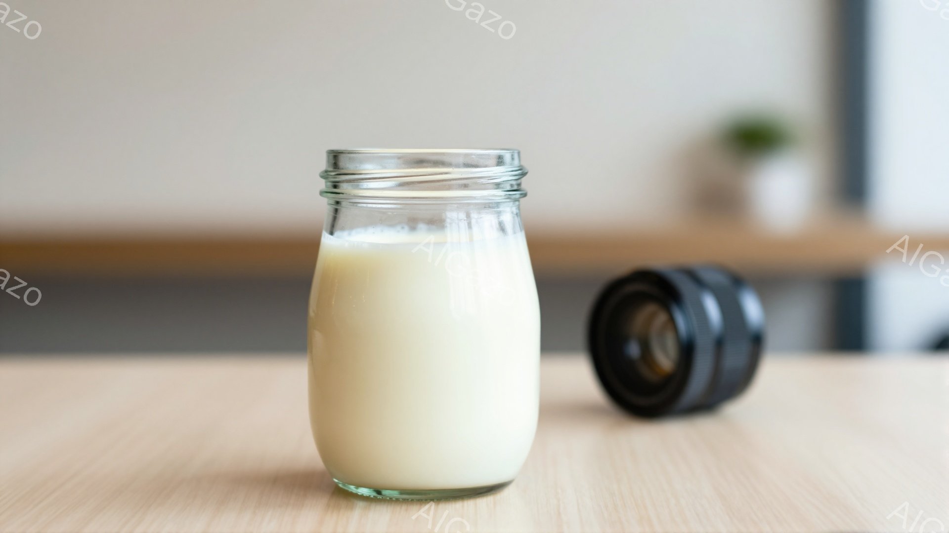 滑らかなクリーム色の液体が入ったガラス瓶が、木製のテーブルの上に置かれています。瓶の隣には、レンズキャップが転がっており、背景にはぼやけた室内の様子が見えます。全体的に、静かで穏やかな雰囲気の静物画です。
