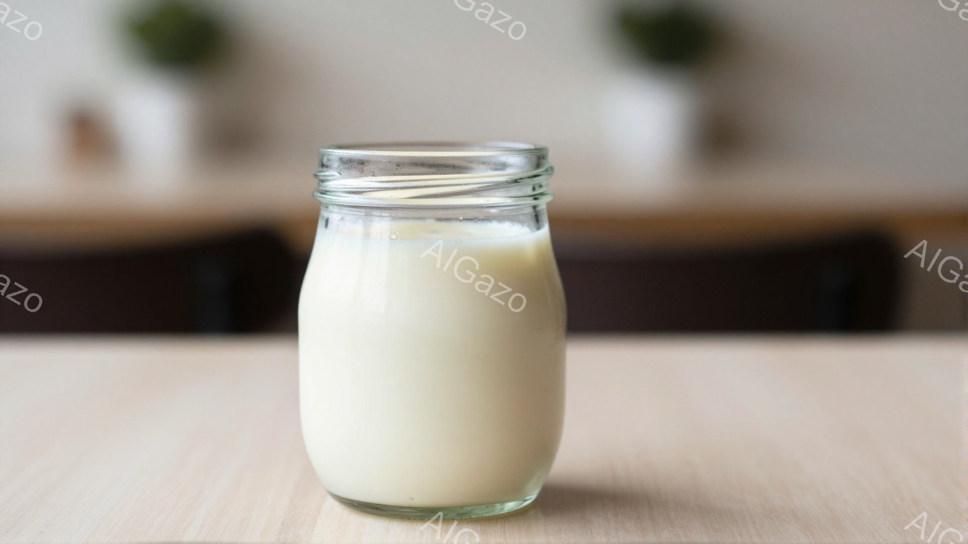 ガラスの瓶に淡いクリーム色の液体が入っており、木製のテーブルの上に置かれています。背景はぼやけており、おそらく室内の様子で、テーブルの表面の木目が見えます。全体的に暖かく穏やかな雰囲気で、シンプルな構成が液体を際立たせています。