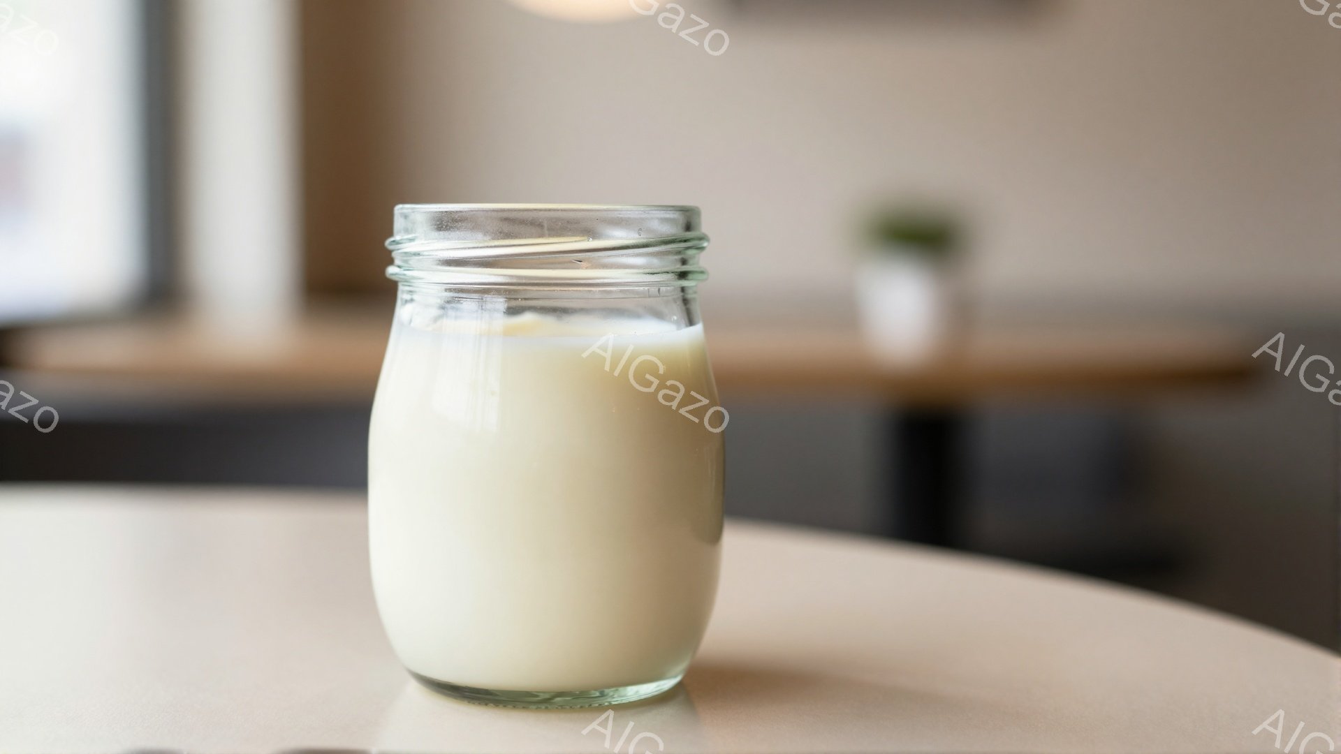 白い液体が入ったガラス瓶が、丸い白いテーブルの上に置かれています。背景はぼやけていますが、明るい室内で、他のテーブルや椅子が見え、カフェのような雰囲気です。全体的にシンプルで清潔感のある、静かで落ち着いた印象を与えます。