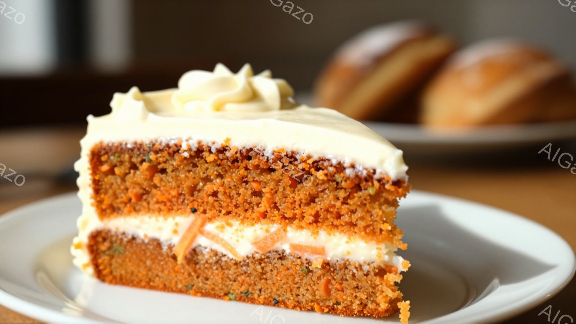 鮮やかなオレンジ色のキャロットケーキのスライスが白い皿に載っています。ケーキは層になっており、クリームチーズのフロスティングがたっぷりとかけられています。背景には、ぼやけたケーキがいくつか見え、全体的に暖かく美味しそうな雰囲気を醸し出しています。