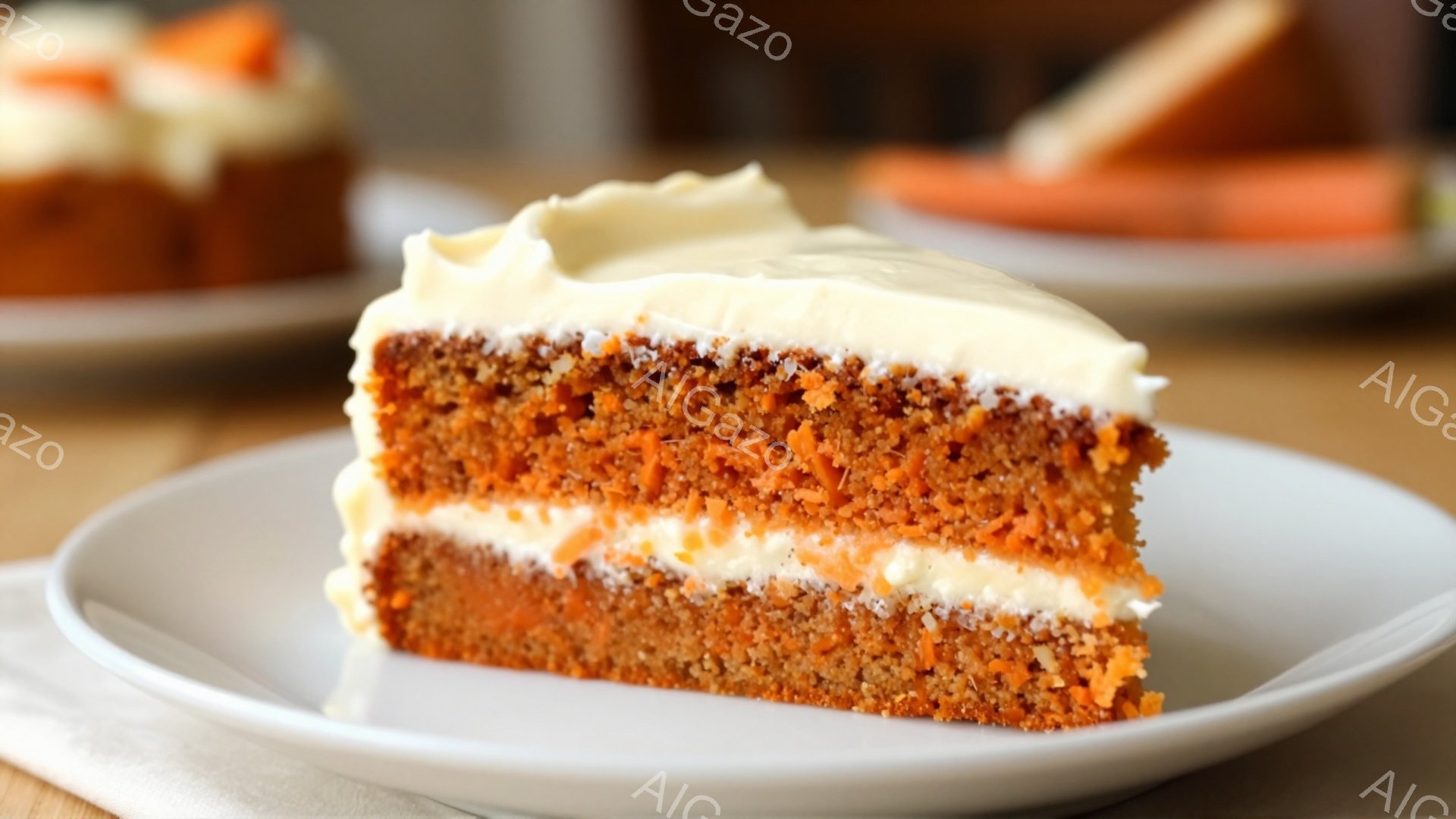 鮮やかなオレンジ色のスポンジケーキに白いクリームが塗られた一片が、白い皿に乗せられています。ケーキの断面からはオレンジ色のスポンジとクリームの層がはっきりと見え、しっとりとした食感を想像させます。背景 - AI生成フリー素材