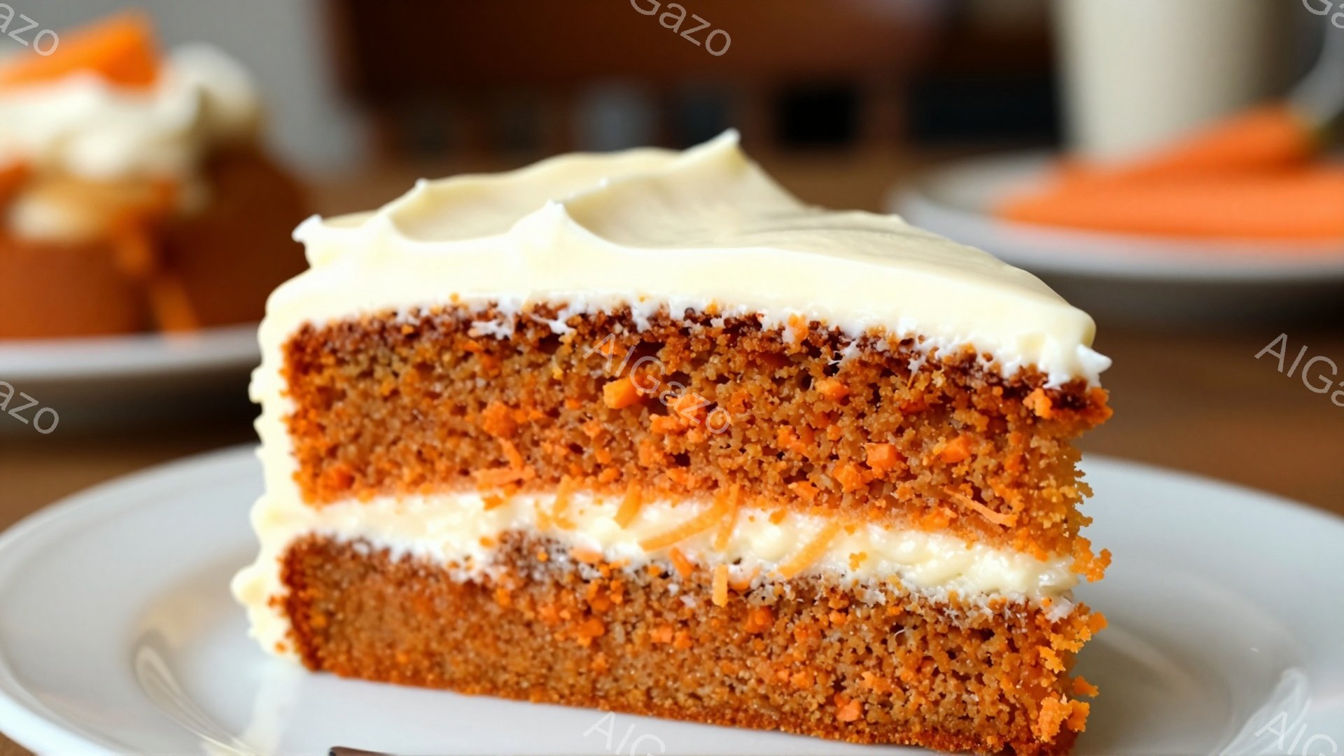 鮮やかなオレンジ色のスライスされたケーキが白い皿の上に置かれています。ケーキは層状になっており、クリームチーズフロスティングがたっぷりとかけられています。背景には、別のケーキと白いマグカップがぼやけて見え、カフェやレストランのような温かく親しみやすい雰囲気が漂っています。