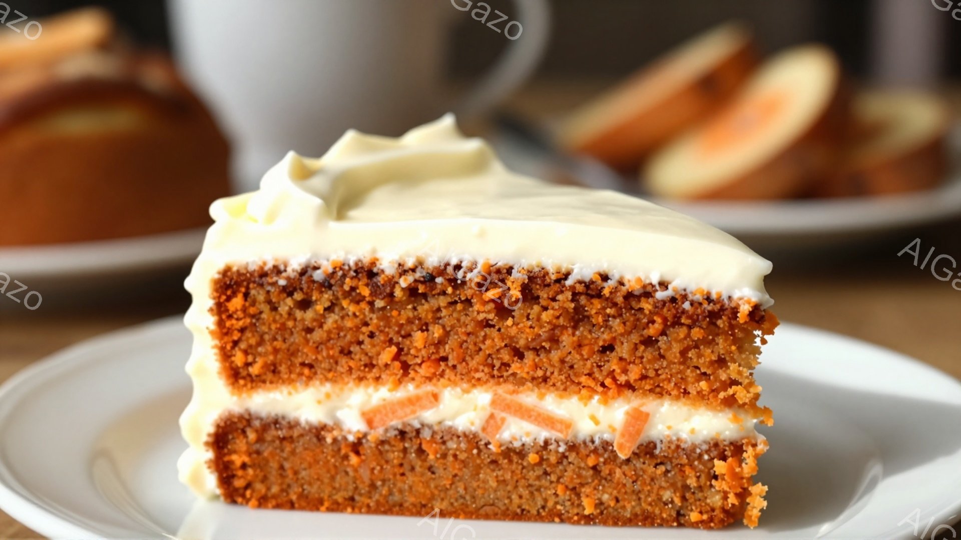 鮮やかなオレンジ色の断面が美しい、キャロットケーキのスライスが白い皿に載っています。ケーキにはクリームチーズフロスティングが塗られ、細かく刻まれた人参が散りばめられています。背景には、ケーキ全体とカップがぼんやりと写っており、温かく家庭的な雰囲気を醸し出しています。