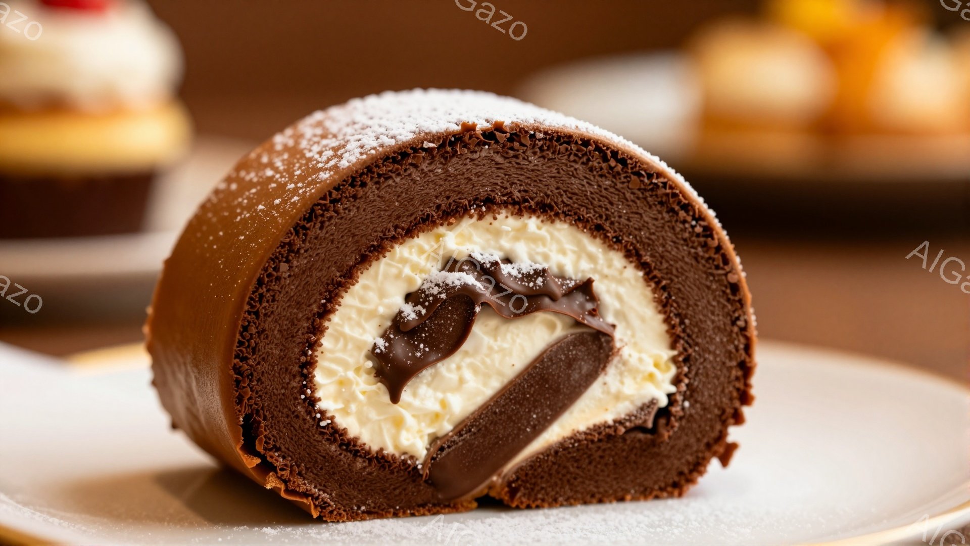 チョコレートケーキのスライスが皿に置かれており、断面からはふんわりとしたクリームとチョコレートの層が見えます。ケーキの表面には粉砂糖が軽く振りかけられ、光沢のあるチョコレートが添えられています。背景には他のケーキが見え、温かみのある雰囲気の中でデザートが楽しめそうに見えます。