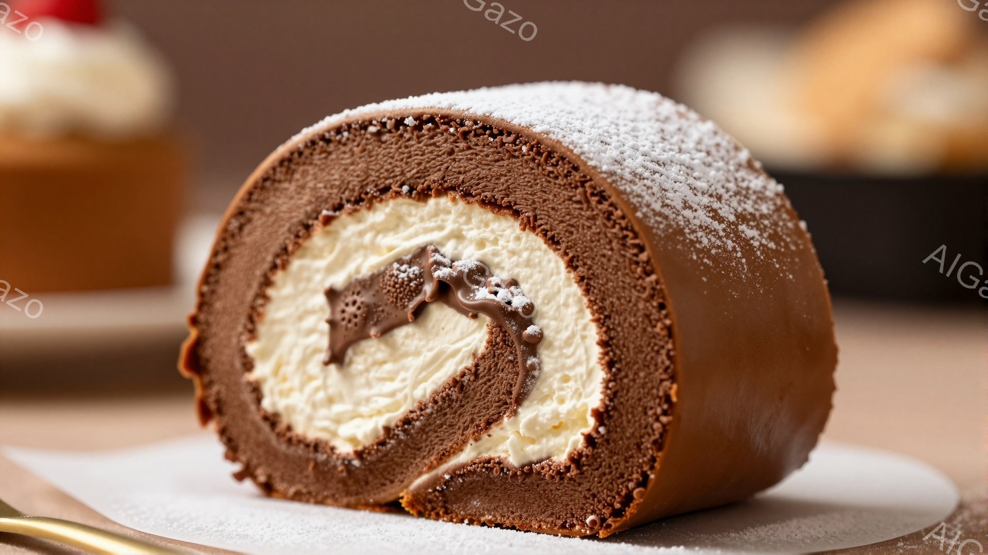 チョコレートケーキロールが白い皿の上に置かれています。ケーキは茶色いスポンジ生地でできており、中に白いクリームが巻き込まれており、表面には粉砂糖がふりかけられています。背景にはぼやけたケーキが見え、全体的に温かく甘い雰囲気を醸し出しています。