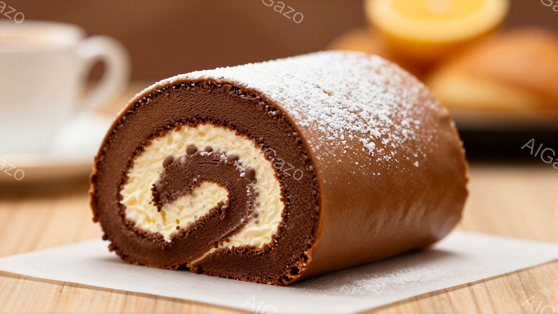 チョコレートケーキのスライスが、白いクッキングシートの上に置かれています。ケーキは茶色いスポンジ生地と白いクリームでできており、断面からは渦巻き模様が見えます。背景には、ぼやけたカップと茶色の物体があり、全体的に温かく、食欲をそそる雰囲気です。