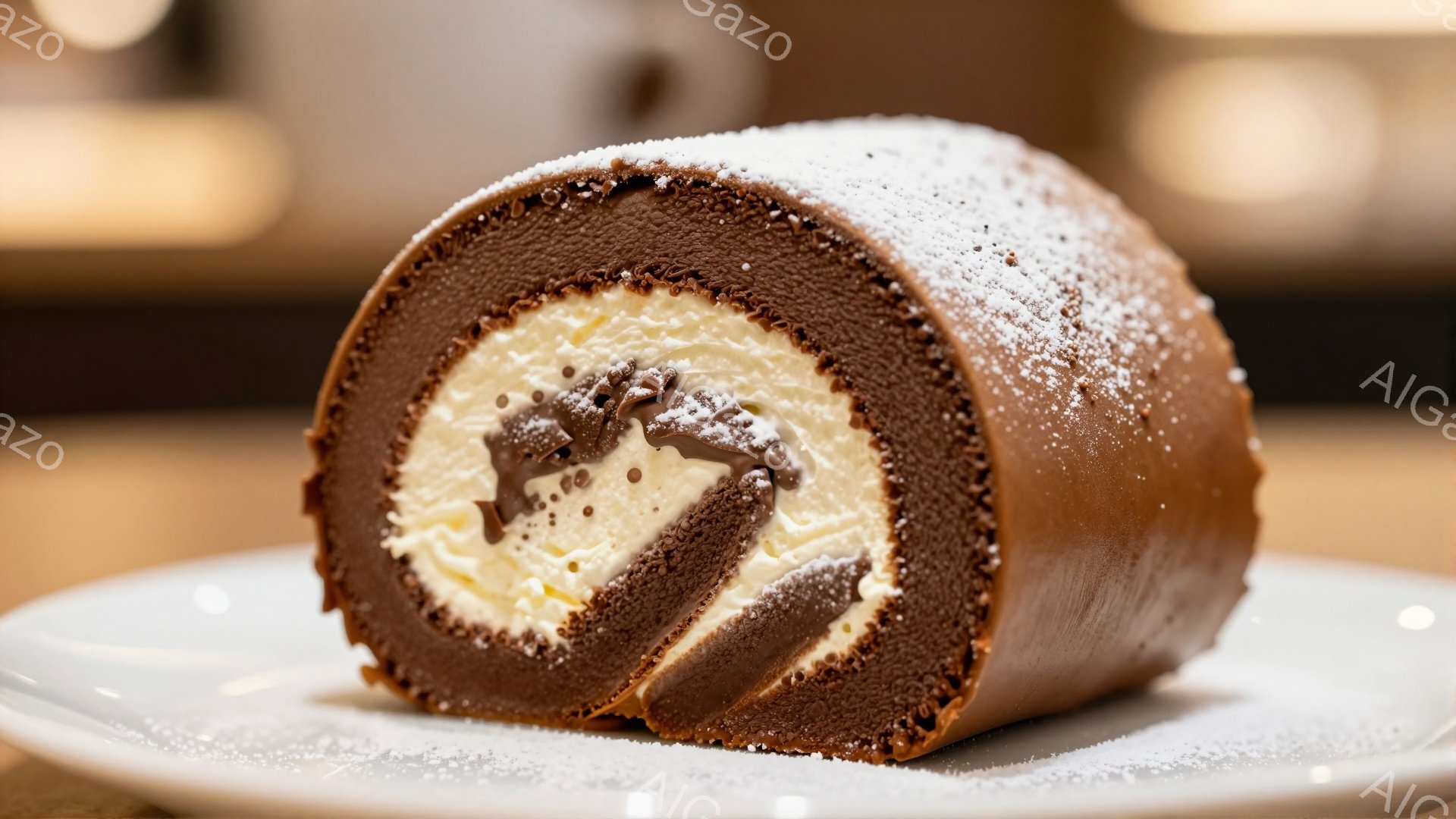 チョコレートケーキのロールケーキが白い皿に置かれています。ケーキは茶色のスポンジ生地でクリームが巻かれており、表面には粉砂糖がふりかけられています。背景はぼやけており、暖色系の照明がケーキを照らし、甘くて心地よい雰囲気を醸し出しています。