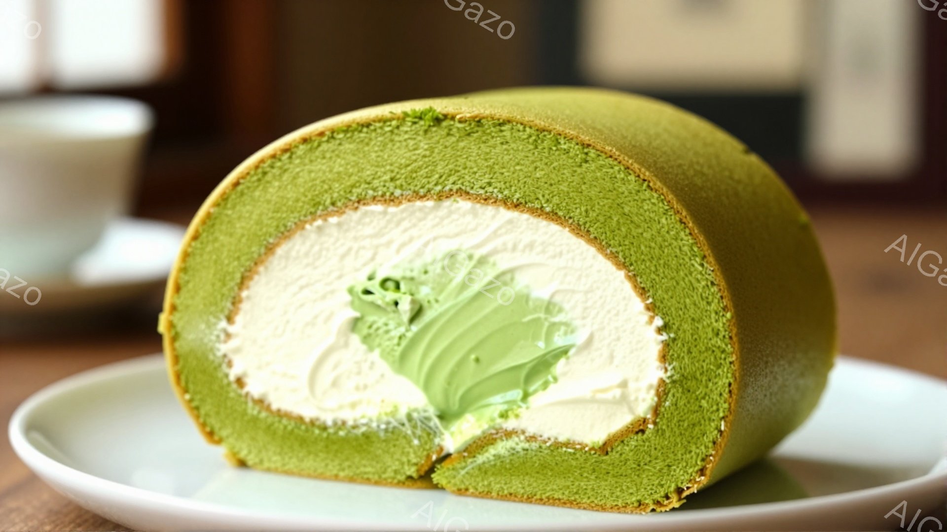 鮮やかな緑色のロールケーキが白い皿の上に置かれています。断面からは、ふんわりとしたスポンジ生地と、白いクリーム、そして抹茶色のクリームが確認できます。背景には、ぼやけた木製のテーブルと、少しだけ見える茶色の建物が見え、落ち着いた雰囲気です。
