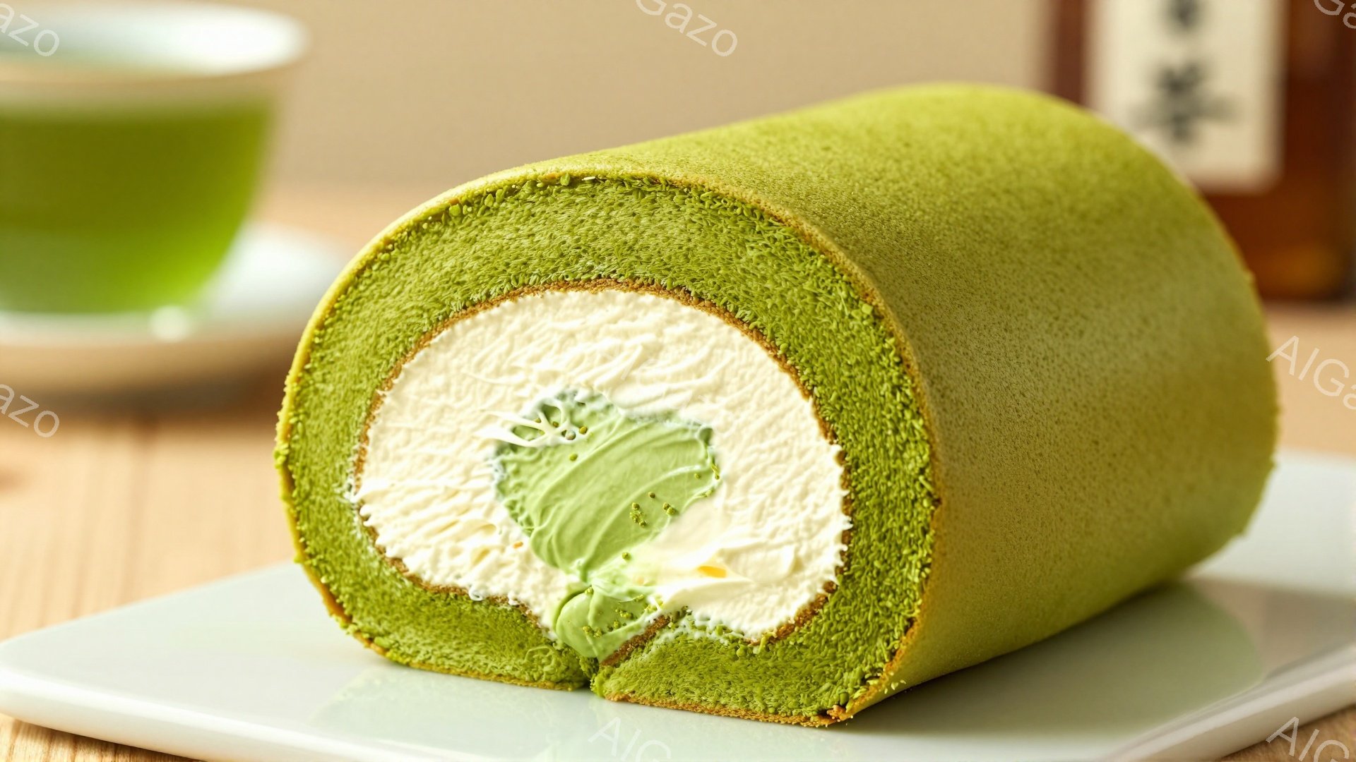 抹茶色のロールケーキが白い皿の上に置かれており、断面からはクリームと抹茶クリームがはっきりと見えます。背景には緑色の茶碗と、ラベルの貼られた瓶がぼやけて写っており、木製のテーブルの上に置かれています。全体的に、和風で落ち着いた雰囲気のスイーツの写真です。