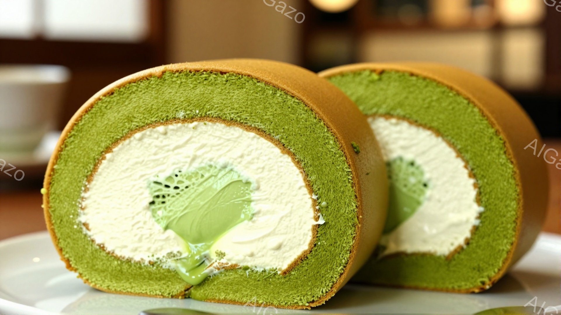 鮮やかな緑色のロールケーキが2つ、白い皿の上に並んでいます。ロールケーキは断面から見て、ふんわりとしたクリームと緑色の餡が詰まっているのがわかります。背景は少しぼやけていますが、暖色系のインテリアが見え、甘くて優しい雰囲気が漂っています。