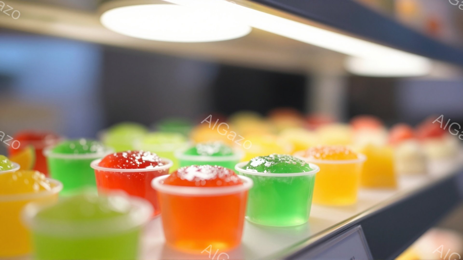 カラフルなゼリーが小さなカップに並べられています。赤、緑、オレンジ、黄色のゼリーには白い粉が振りかけられ、美味しそうに見えます。背景には他のゼリーも見え、明るい光の下でショーケースの中に展示されています。