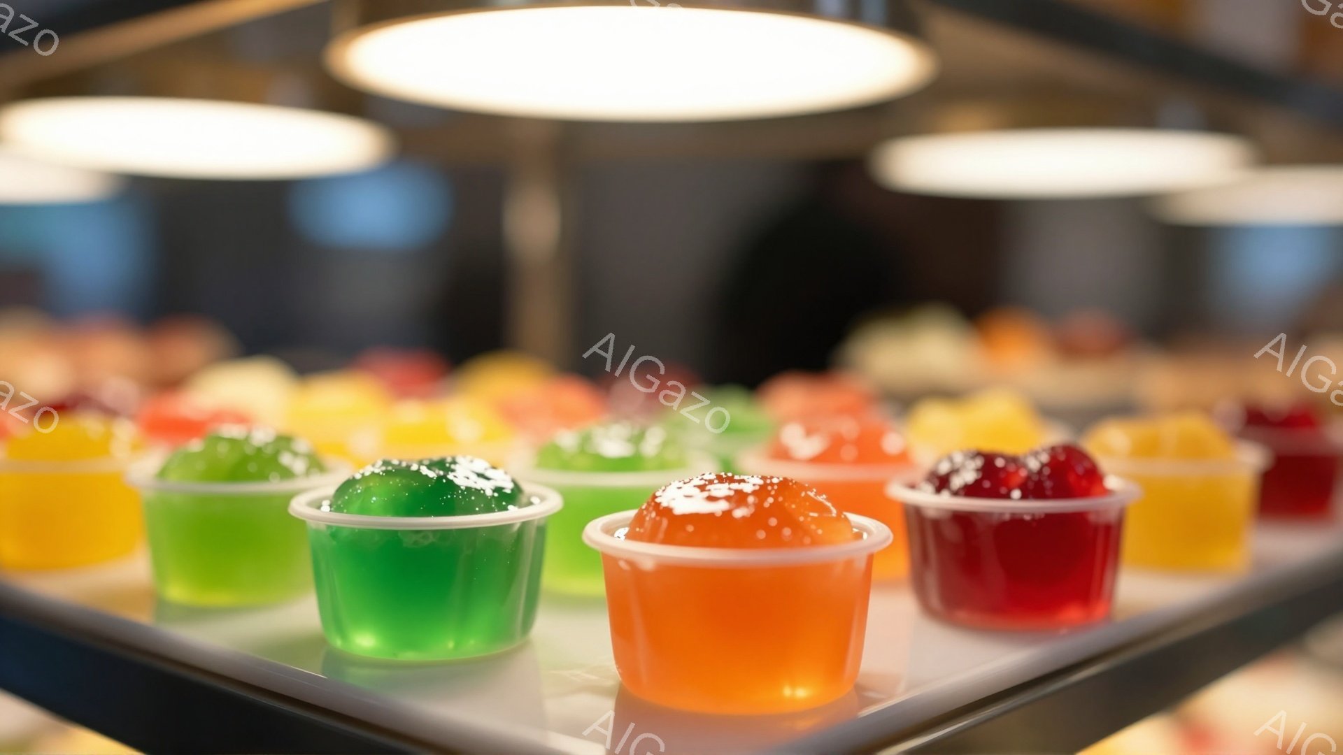 カラフルなゼリーが並んだ容器が、光沢のある黒い台の上に整然と並べられています。ゼリーは緑、オレンジ、赤など様々な色をしており、一部には白い砂糖のようなものが振りかけられています。背景はぼやけており、明るい照明が反射して、まるで宝石のような輝きをゼリーに与えています。