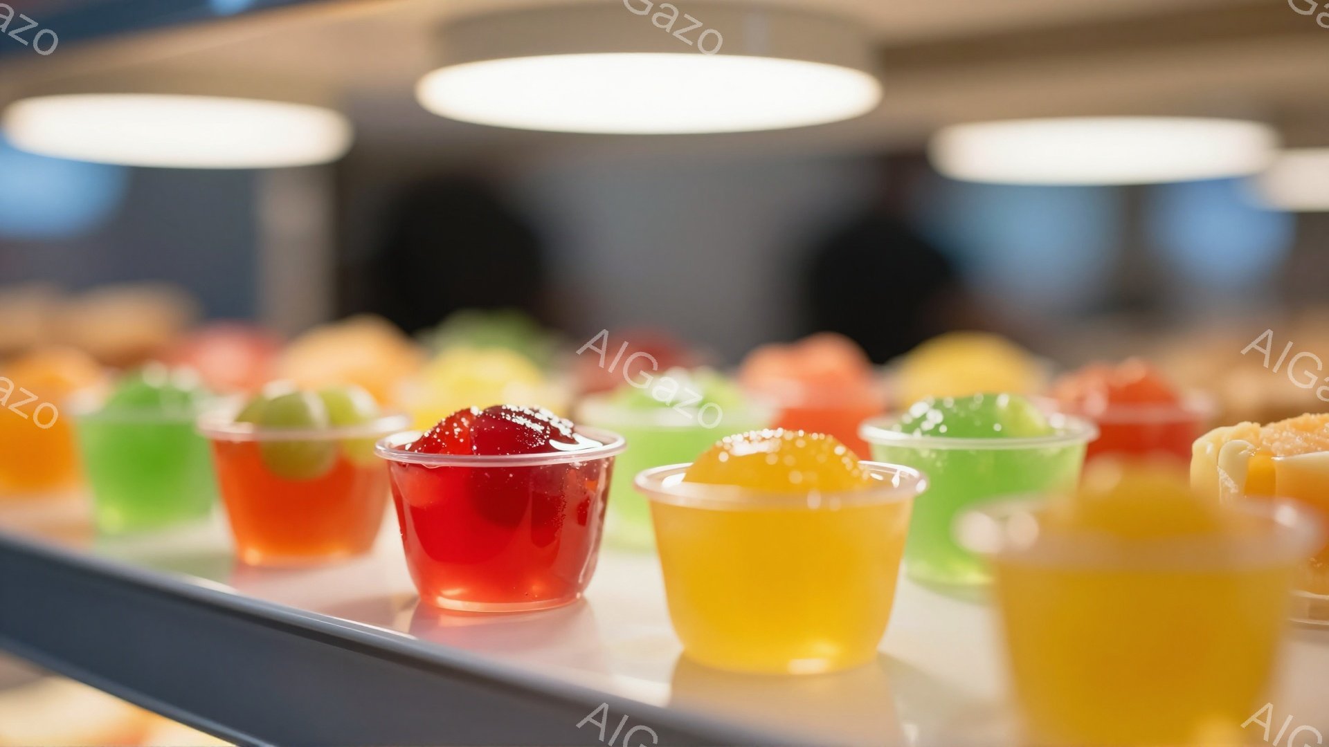 鮮やかな色のゼリーが小さなプラスチックカップに並べられています。赤、オレンジ、黄色、緑など、様々な色が食欲をそそります。背景は少しぼやけており、カップに並んだゼリーが最も際立っています。