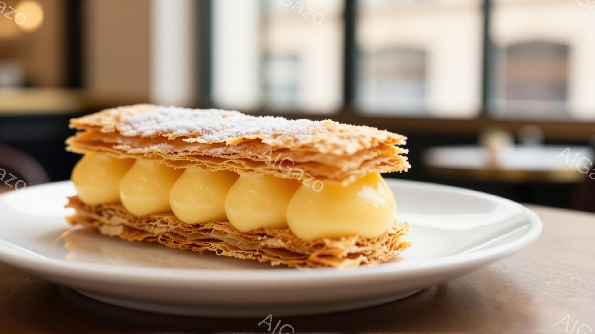 白い皿に、サクサクとしたパイ生地とカスタードクリームを重ねたエクレアが載っています。クリームは丸い形をしており、パイ生地とのコントラストが美味しさを引き立てています。背景はぼかされており、カフェのような穏やかな雰囲気が感じられます。