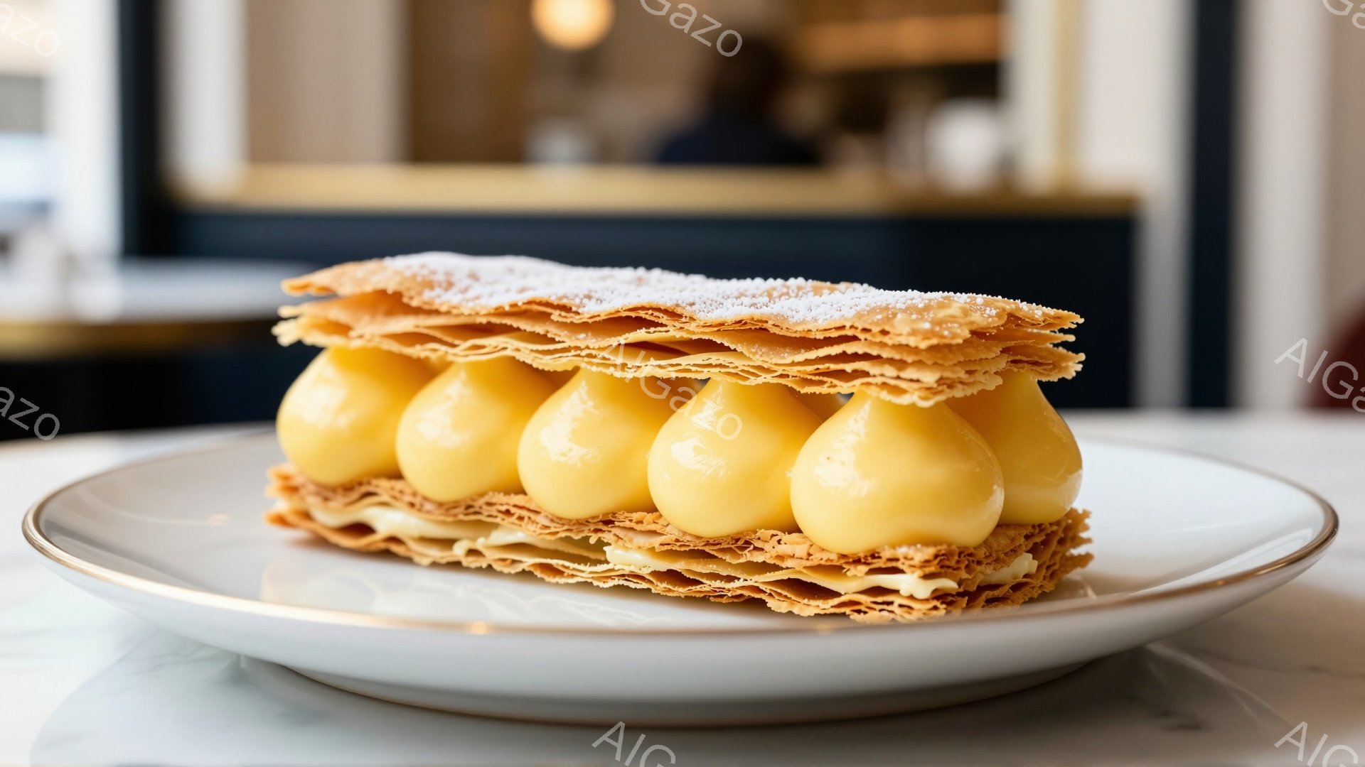 白い皿に盛り付けられた、カスタードクリームをたっぷり挟んだシュークリームが写っている。サクサクとした生地にアイシングシュガーがふりかかり、クリームの黄色が鮮やかで食欲をそそる。背景にはぼやけた窓が見え、カフェのような明るく落ち着いた雰囲気が漂っている。