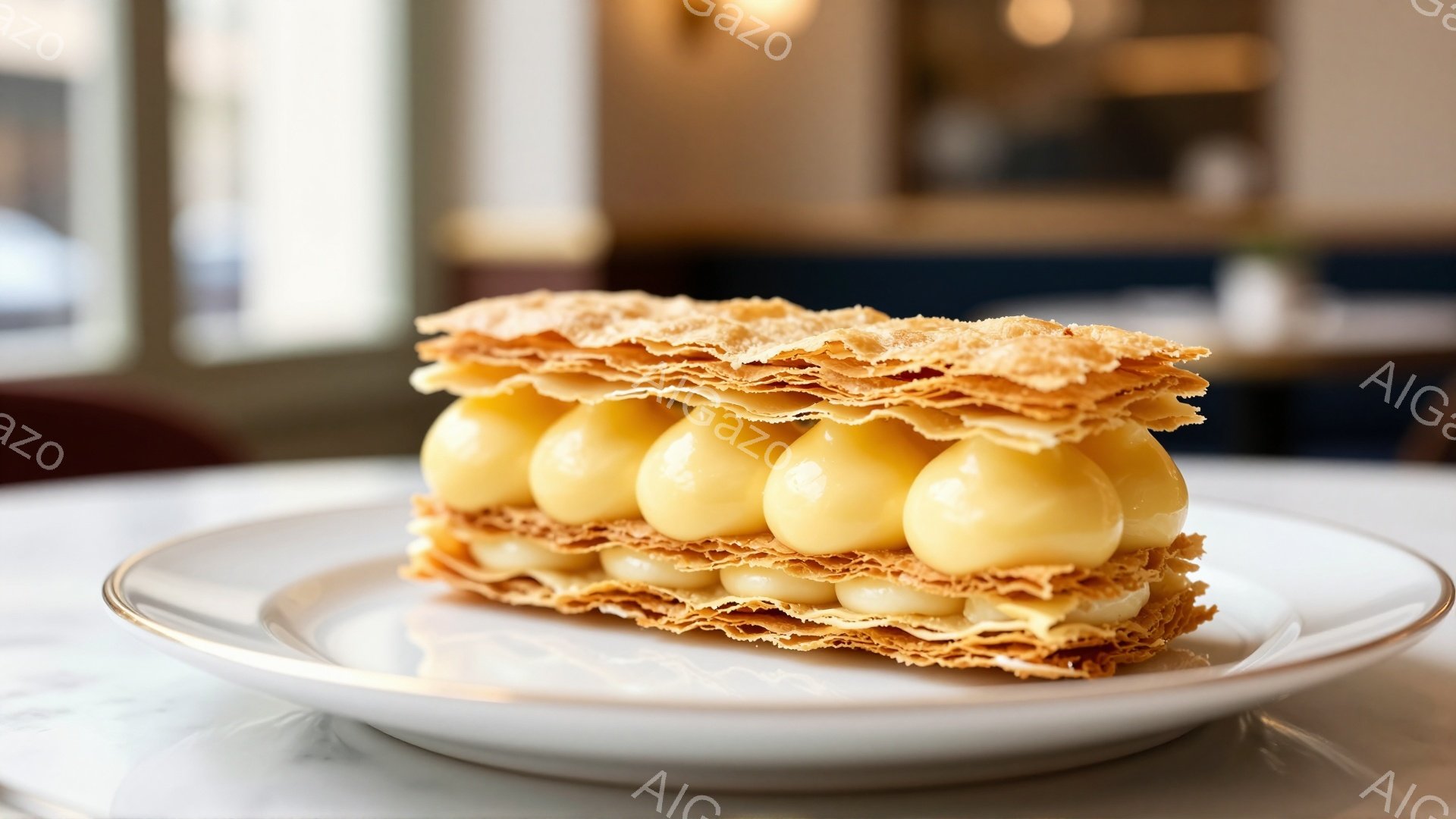 白い皿の上に、カラメル色のシュークリームが置かれています。シュー生地はサクサクとした食感を想像させ、クリームはふっくらと並んでいます。背景はぼやけていますが、カフェのような内装の一部が見え、温かく落ち着いた雰囲気が感じられます。