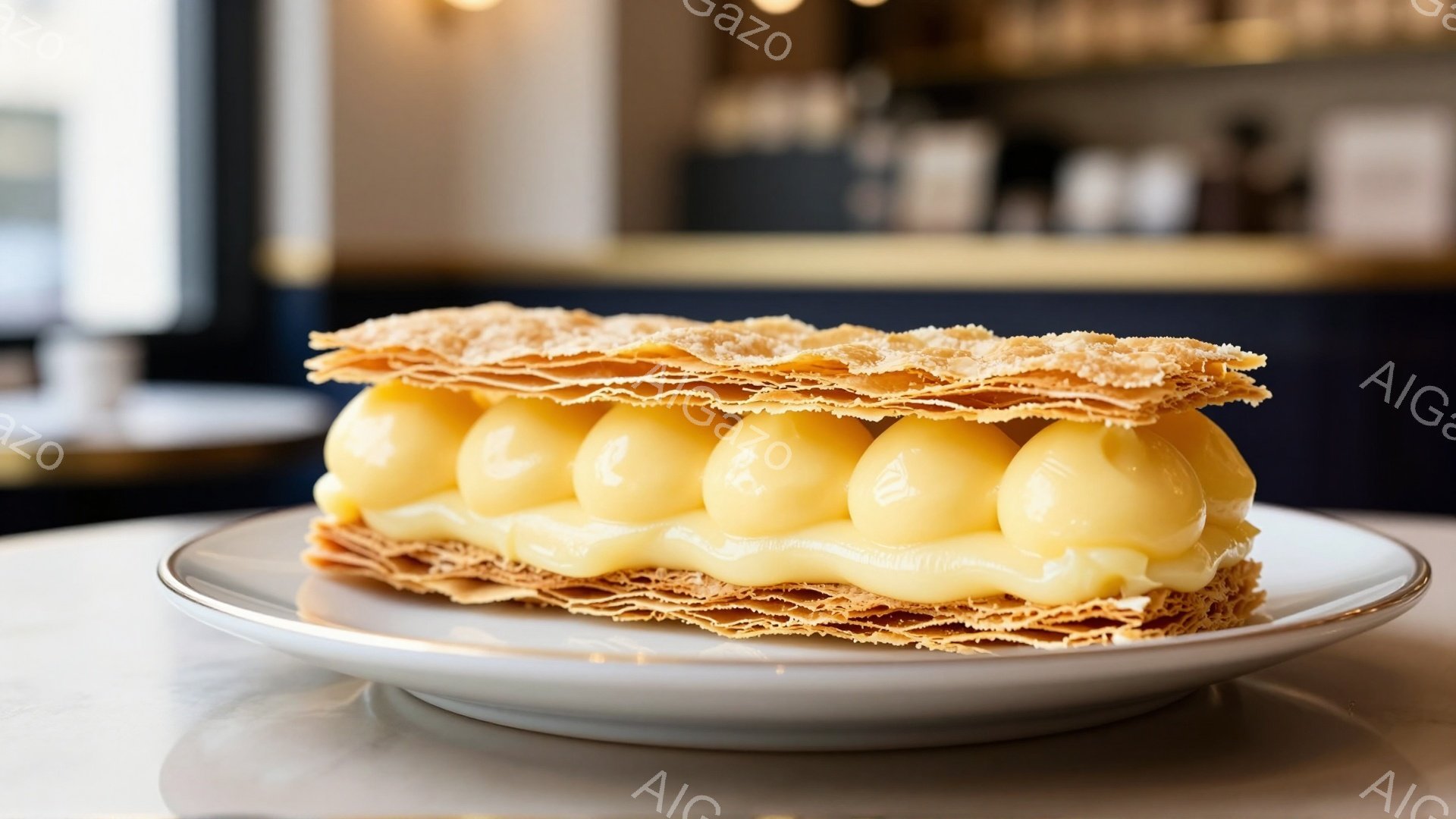 白い皿の上に、サクサクとしたパイ生地とカスタードクリームを重ねたシュークリームが置かれています。クリームはふっくらと丸みを帯びており、パイ生地とのコントラストが食欲をそそります。背景はぼやけていますが、カフェのような店内であることが伺えます。