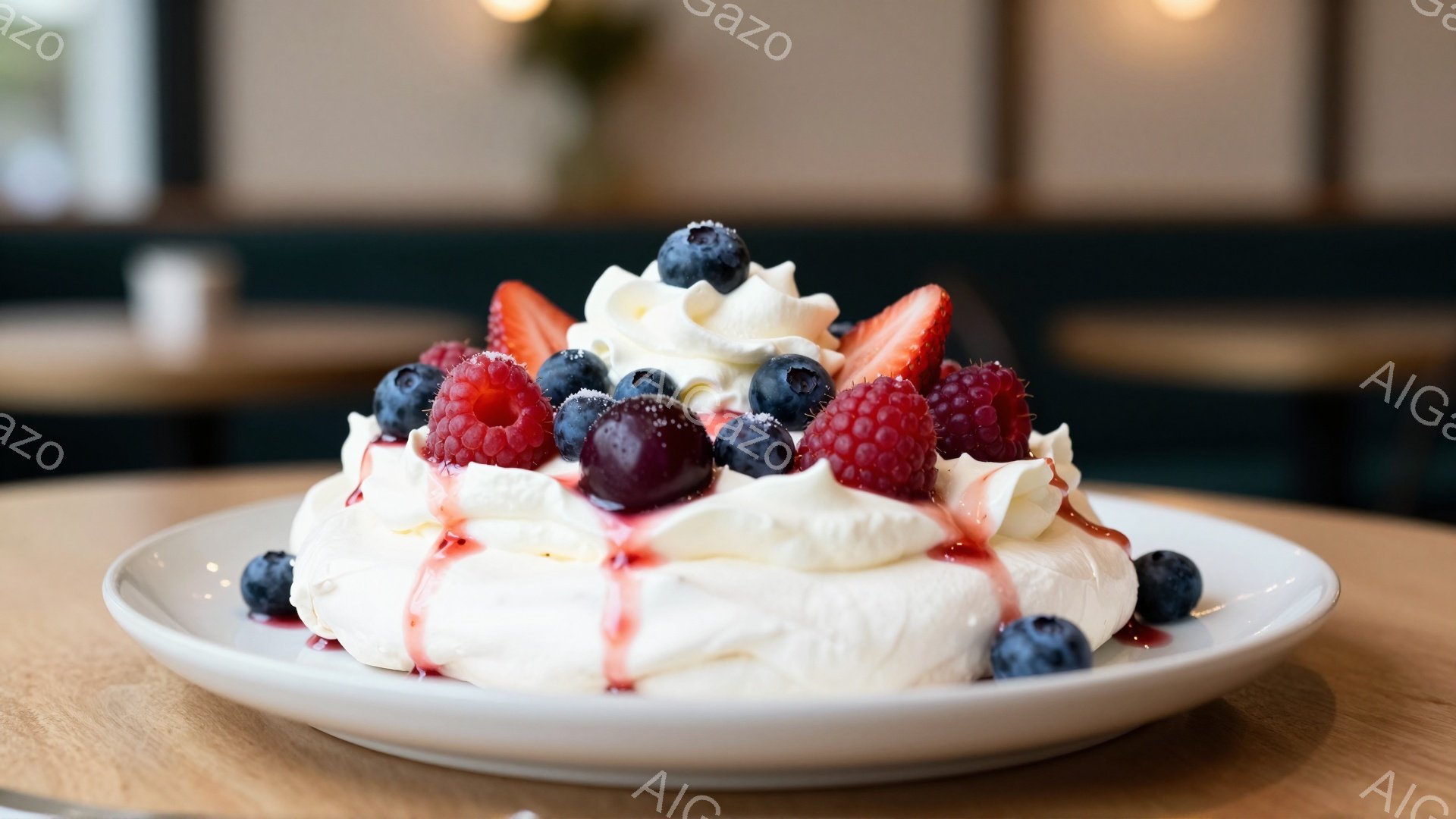 白い皿に盛り付けられた、メレンゲを土台にした華やかなデザートが写っている。赤く輝くラズベリー、ブルーベリー、イチゴなどのベリー類がたっぷりとのせられ、白いクリームがその上を覆っている。背景はぼかされており、テーブルの木目が見える程度で、全体的に温かく、甘美な雰囲気が漂っている。