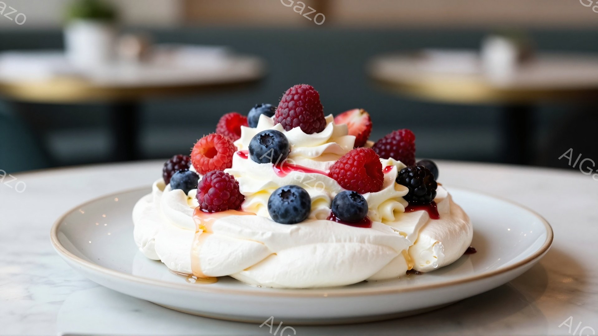 白い皿に盛り付けられた大きなメレンゲ菓子が中央にあり、フレッシュなラズベリーやブルーベリー、ブラックベリーなどのベリー類がふんだんにトッピングされている。メレンゲの表面には甘いシロップがかけられており、全体的に甘くて美味しそうな雰囲気を醸し出している。背景はぼやけており、カフェやレストランのような落ち着いた空間であることがわかる。