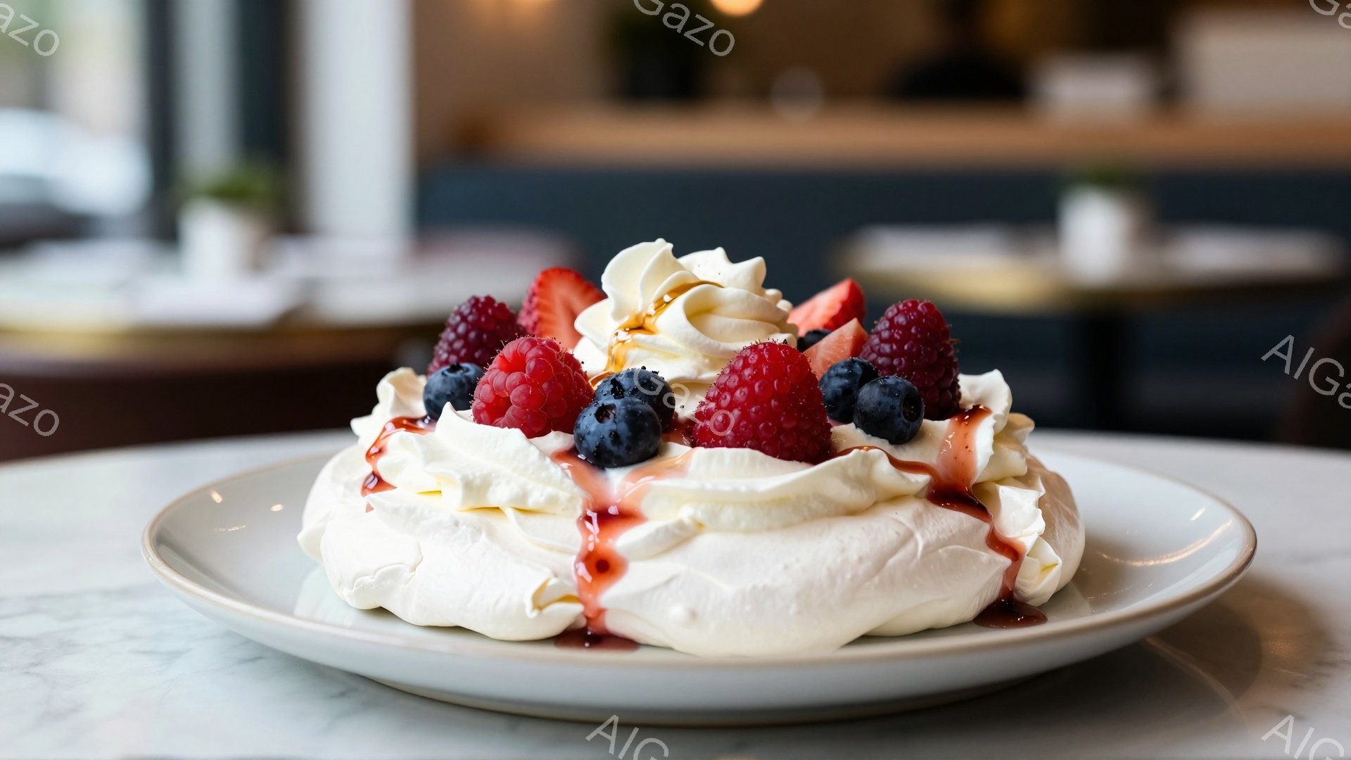 白い皿の上に、メレンゲをベースにしたデザートが美しく盛り付けられています。鮮やかな赤色のラズベリーやブルーベリーなどのベリー類がふんだんにトッピングされ、ホイップクリームと赤いソースが上品な彩りを添えています。背景は少しぼやけていますが、暖色系の照明と大理石のようなテーブルトップから、高級感のあるカフェやレストランの雰囲気を感じられます。