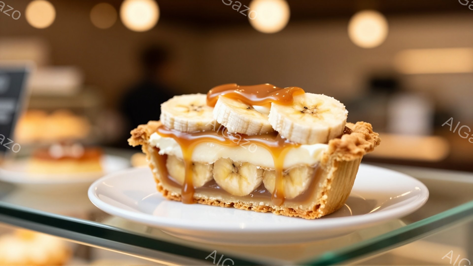 鮮やかなバナナクリームパイのスライスが、白い皿に乗って展示されている。パイ生地は黄金色でサクサクしており、中にはたっぷりのクリームと均等に並んだバナナが詰まっている。背景には、他のペストリーやぼやけた人物が見え、ショーケース内の明るい照明がパイを際立たせている。