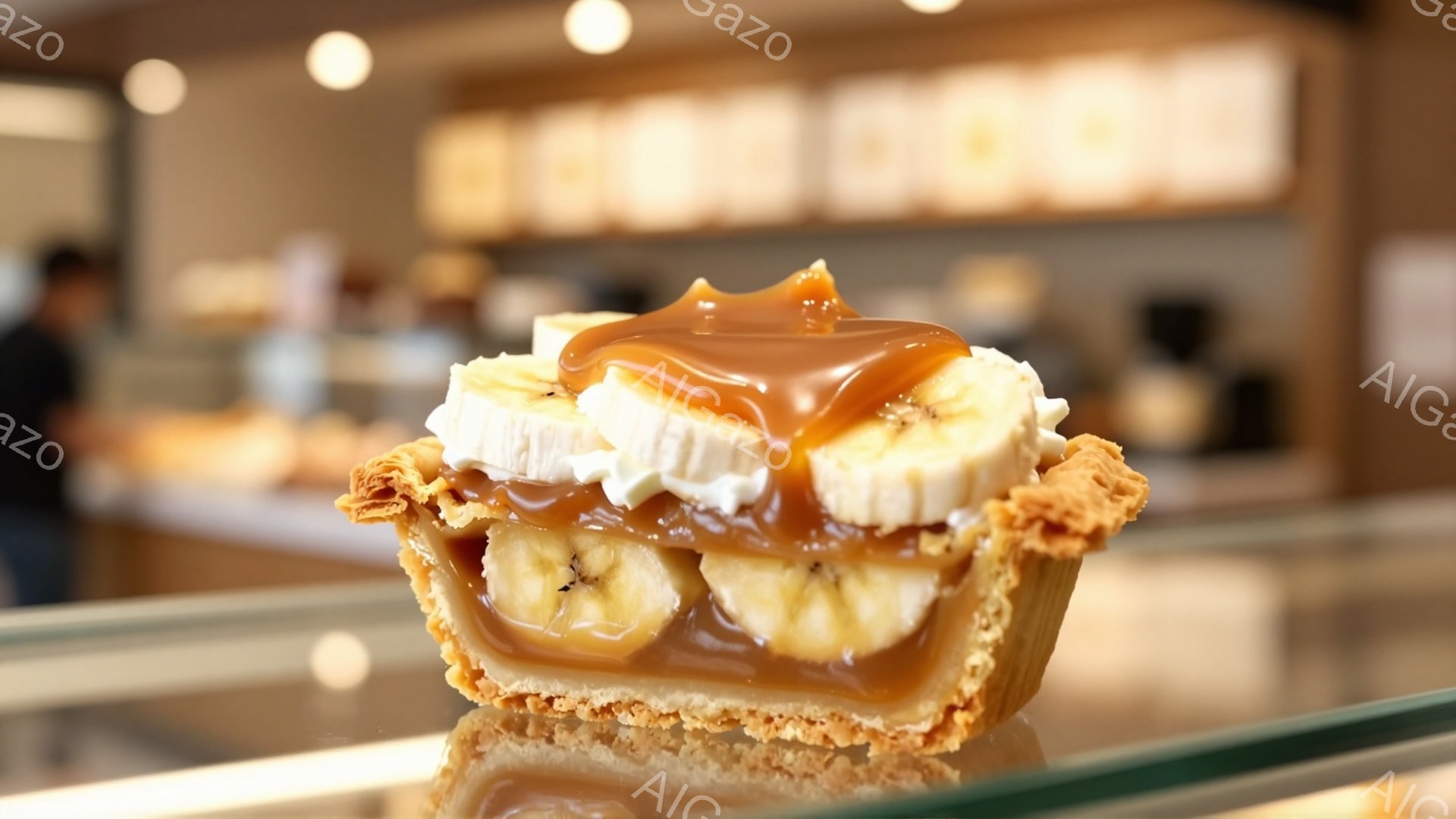 鮮やかな色のバナナクリームパイが、透明なカウンターの上に置かれています。パイは側面からカットされており、バナナ、クリーム、キャラメルソースが層になっています。背景にはぼやけた店内の様子が見え、明るい照明がパイを照らしています。