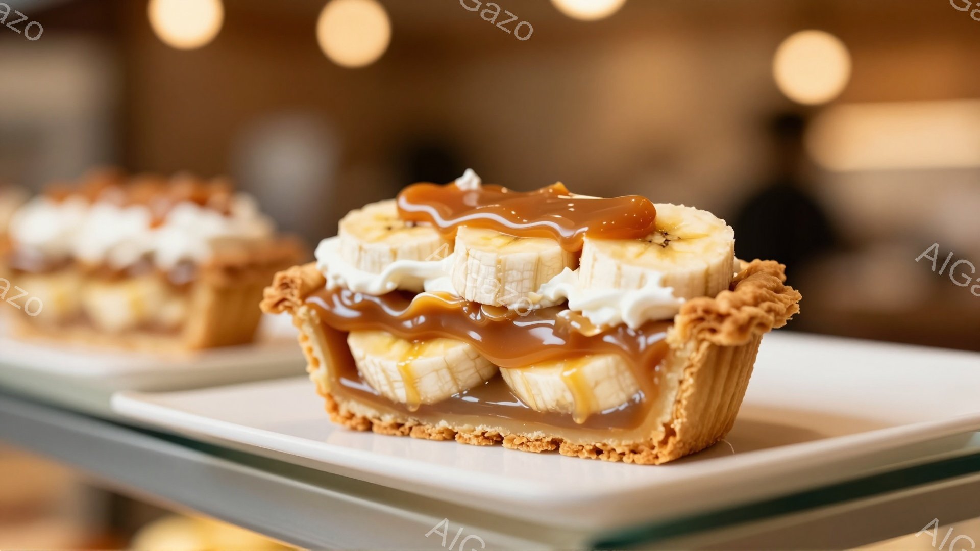 この画像には、タルトの上にスライスされたバナナとキャラメルソース、ホイップクリームが乗った美しいデザートが写っています。タルト生地は黄金色でカリカリしており、バナナとキャラメルの甘さが視覚的にも伝わってきます。背景にはもう一つのタルトが見え、明るい光と白い皿がデザートをより一層引き立てています。