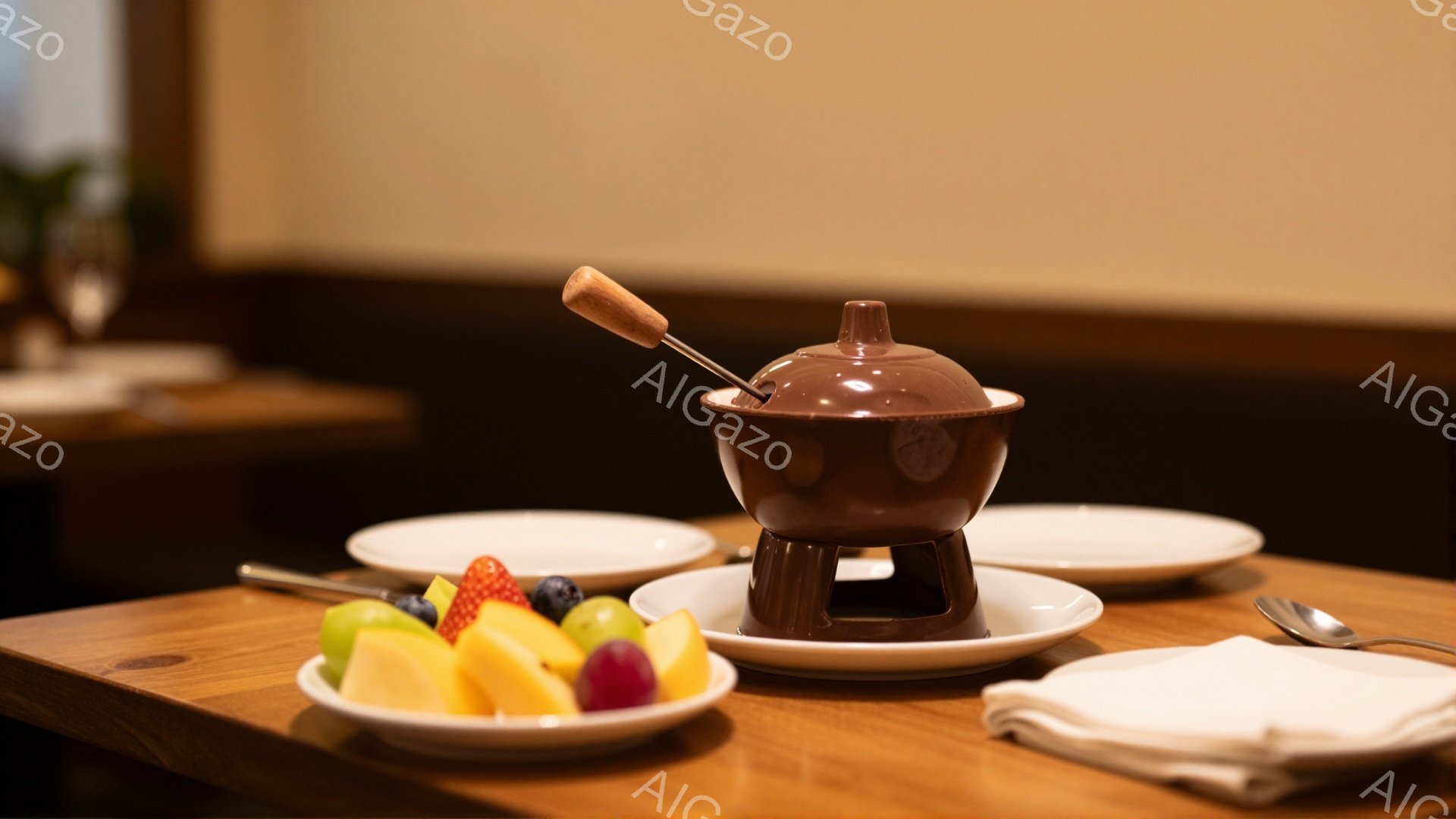 テーブルの上には、チョコレートフォンデュ用のセットが置かれています。陶器製のフォンデュポットには、溶かしたチョコレートが入っているようで、フォークが添えられています。新鮮なイチゴ、ブルーベリー、オレンジ、キウイなどのカットフルーツが盛り付けられた白い皿が隣にあり、心地よい食事が始まる予感がします。
