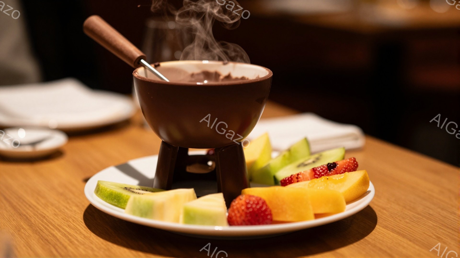 テーブルの上には、チョコレートフォンデュのセットが置かれています。チョコレートは温められており、湯気が立ち上っています。メロン、イチゴなどのカットフルーツが添えられており、甘くて贅沢なデザートタイムを - AI生成フリー素材