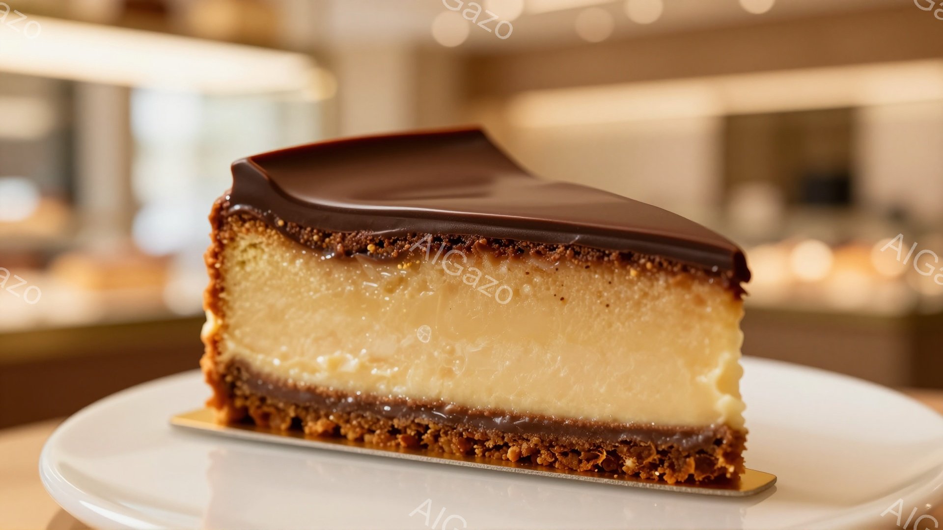 チョコレートで覆われたチーズケーキのスライスが、白い長方形のプレートに乗せられています。ケーキは層になっており、下の茶色の土台、クリーム色のチーズケーキ層、そして滑らかなチョコレートグレーズで構成されています。背景はぼやけており、カフェやペストリーショップのような場所であることがわかります。