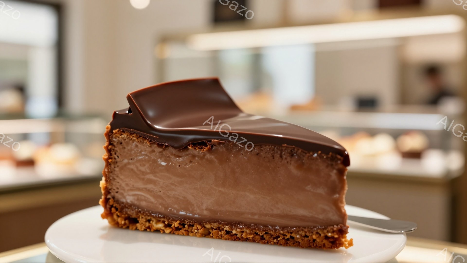 チョコレートケーキのスライスが白い皿に乗せられています。ケーキは濃厚なチョコレートクリームで覆われ、その下にはサクサクとしたクッキー生地が見えます。背景にはぼやけたケーキやパンが並んだショーケースが見え、明るく清潔なカフェのような雰囲気です。