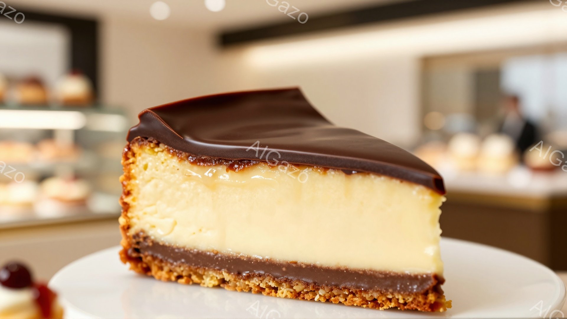 チョコレートとチーズケーキのスライスが白い皿に載っています。ケーキは、サクサクしたクラスト、クリーミーなチーズケーキ層、そして光沢のあるチョコレートグレーズで構成されています。背景には、様々なペストリーが並んだショーケースがあり、ケーキ屋またはカフェのような雰囲気です。