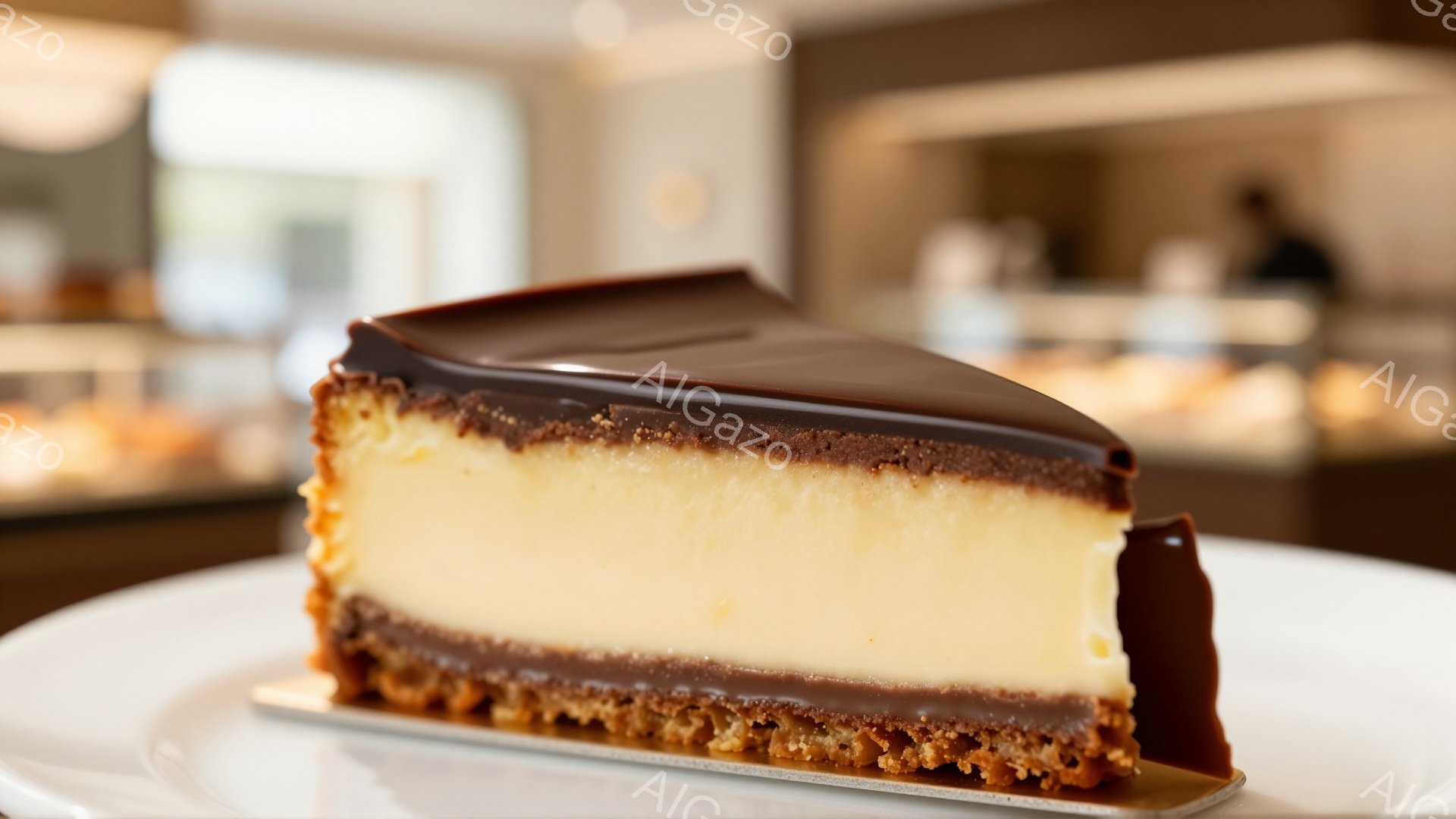 チョコレートとクリームのケーキのスライスが、白い皿に乗せられています。ケーキは、サクサクしたクラストの上に、濃厚なクリーム層、そして艶やかなチョコレートグレーズが乗っており、見た目も美しく、美味しそうに見えます。背景には、ぼやけたケーキやパンが並んだショーケースが見え、カフェやペストリーショップのような雰囲気です。