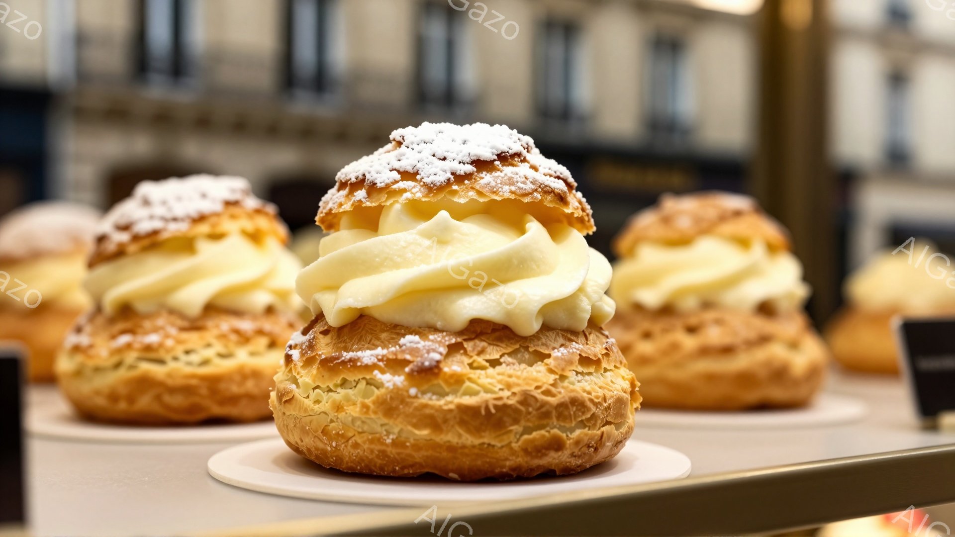 焼き上がったシュークリームが白い皿の上に並べられています。シュー生地は黄金色で、表面には粉砂糖がふりかけられ、たっぷりのカスタードクリームが乗せられています。背景にはぼんやりとした建物の影が見え、温かく甘い雰囲気が漂っています。