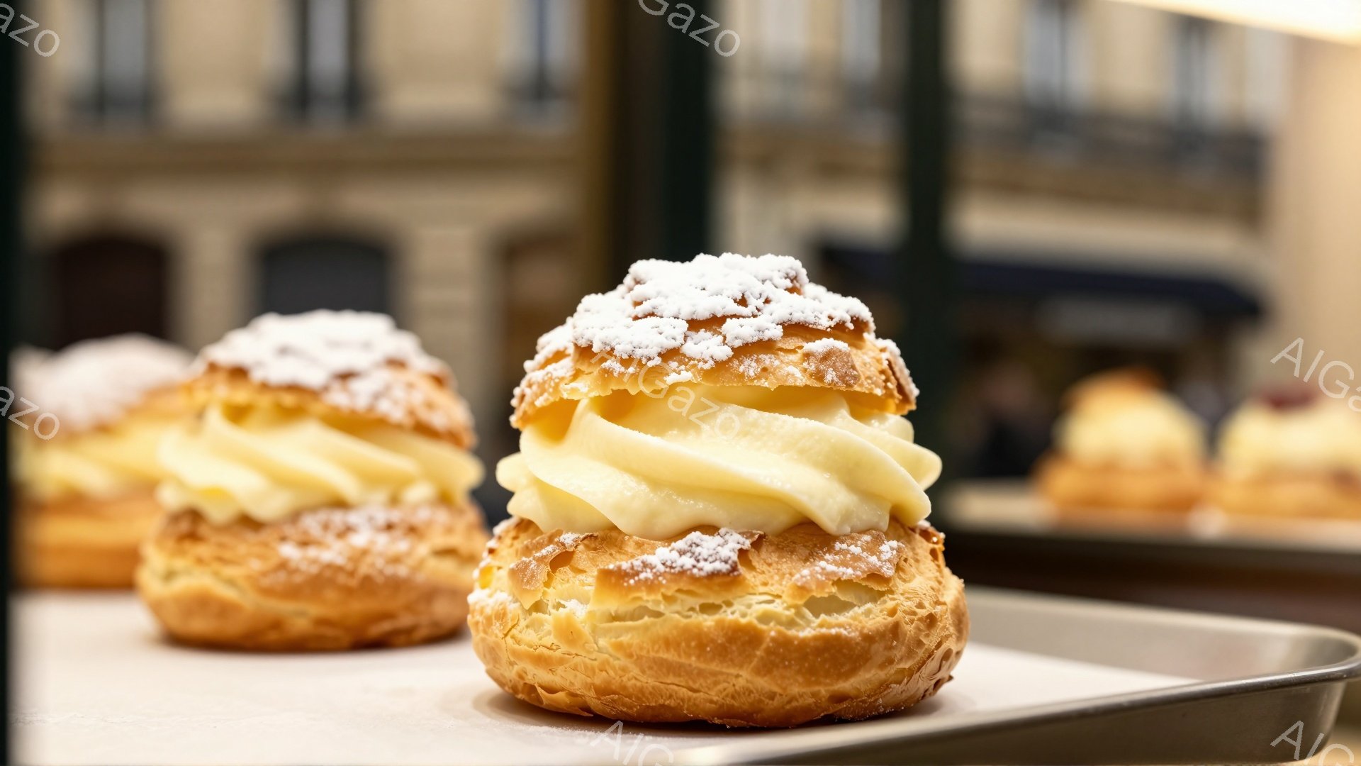 焼き色のついたシュークリームが、白い粉砂糖をまとって並べられています。クリームはふっくらと盛り付けられ、シュー生地とのコントラストが食欲をそそります。背景にはぼやけた建物が見え、カフェやペストリーショップのショーケースの中にあるようです。