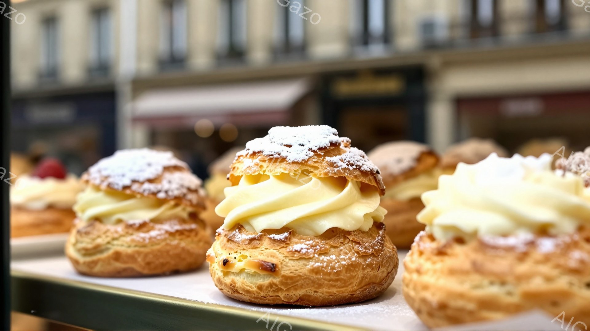焼き立てのシュークリームが、白い粉糖をまとって並べられています。クリームはふっくらと盛り付けられ、黄金色のシュー生地とのコントラストが食欲をそそります。背景にはぼやけた建物が見え、パステルカラーで穏やかな雰囲気を醸し出しています。