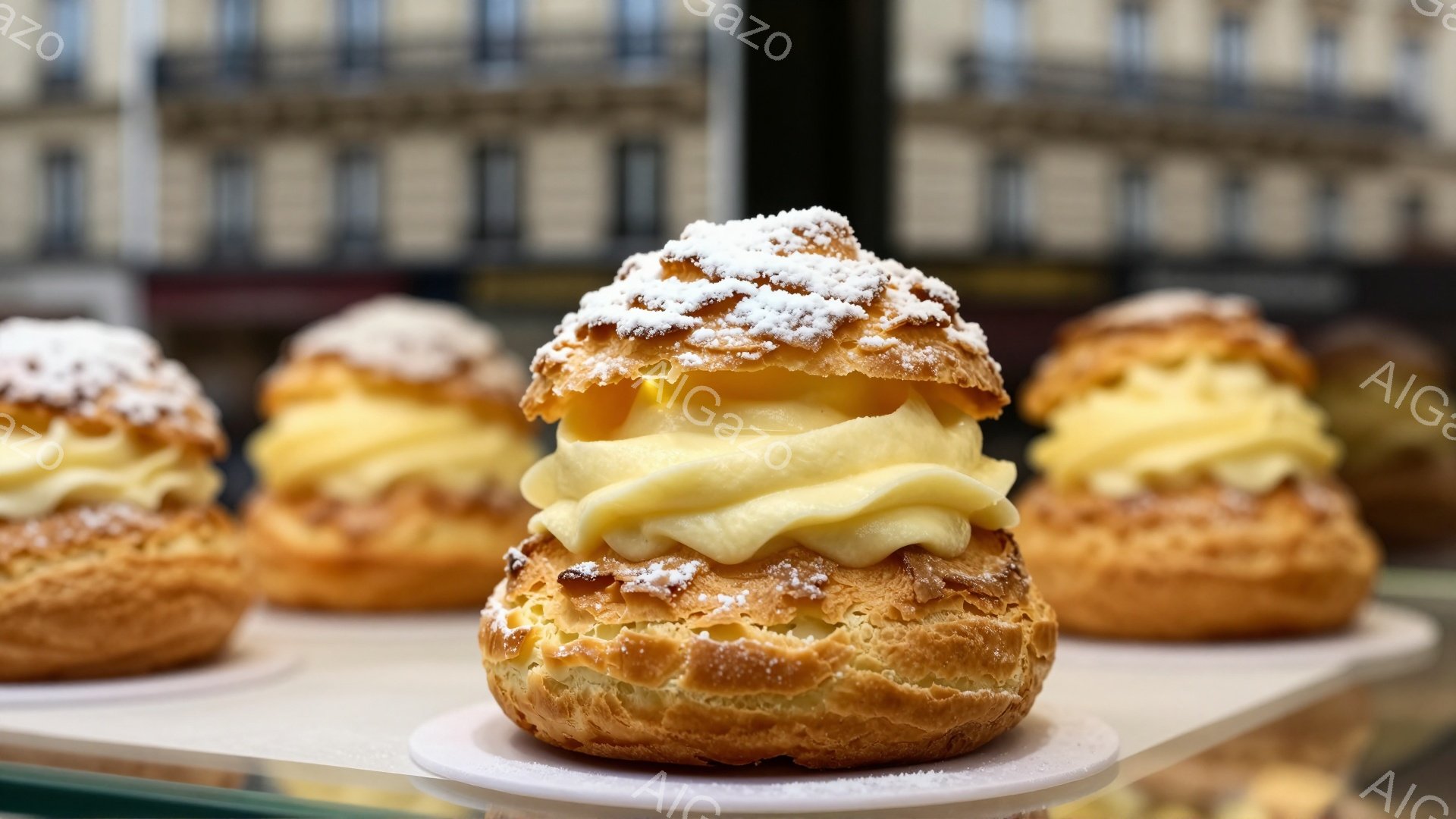 焼き色のついたシュー生地の中に、たっぷりのカスタードクリームが詰め込まれたシュークリームが、白い粉砂糖をまとい、白いお皿の上に並べられています。背景にはぼやけた建物が見え、シュークリームが引き立つように、光が当てられています。全体的に、甘くて美味しそうな、幸せな雰囲気の画像です。