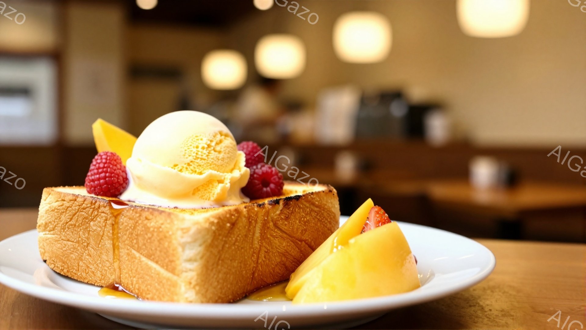 白い皿に、厚切りトーストが盛り付けられ、上にアイスクリーム、ラズベリー、そして桃のスライスが添えられています。トーストは軽く焦げ目がついており、アイスクリームが溶け出して、甘いシロップが皿に広がっています。背景は暖色系の照明でぼかされており、カフェのような落ち着いた雰囲気が漂っています。