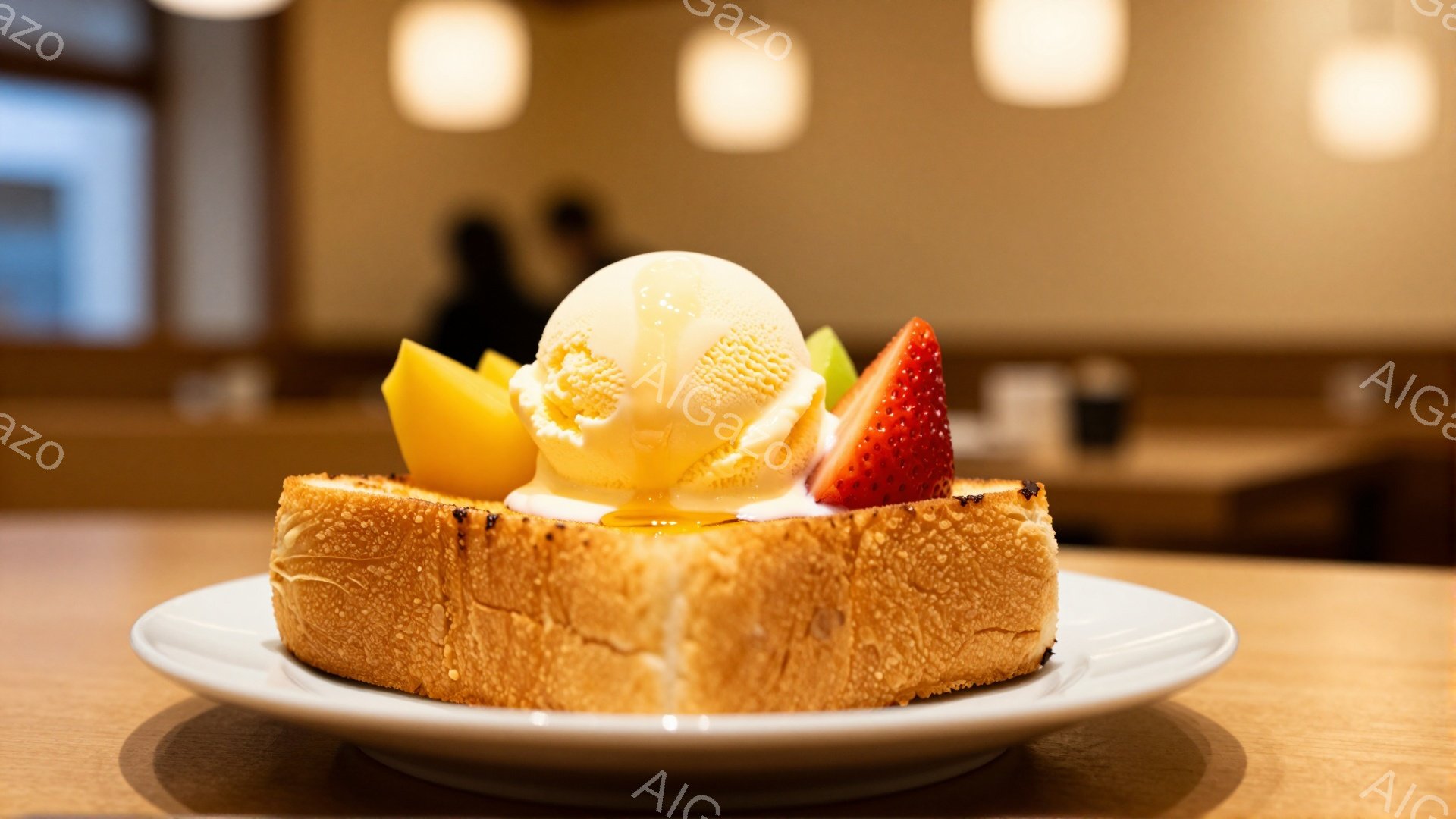 白い皿の上に、焼き色のついた厚切りトーストが置かれ、その上にバニラアイスクリーム、マンゴー、イチゴがトッピングされている。アイスクリームからは蜜が流れ、全体的に甘くておいしそうなデザートの様子が伺える。背景は暖色系の落ち着いた室内で、ぼかしが入っているため、デザートが際立っている。