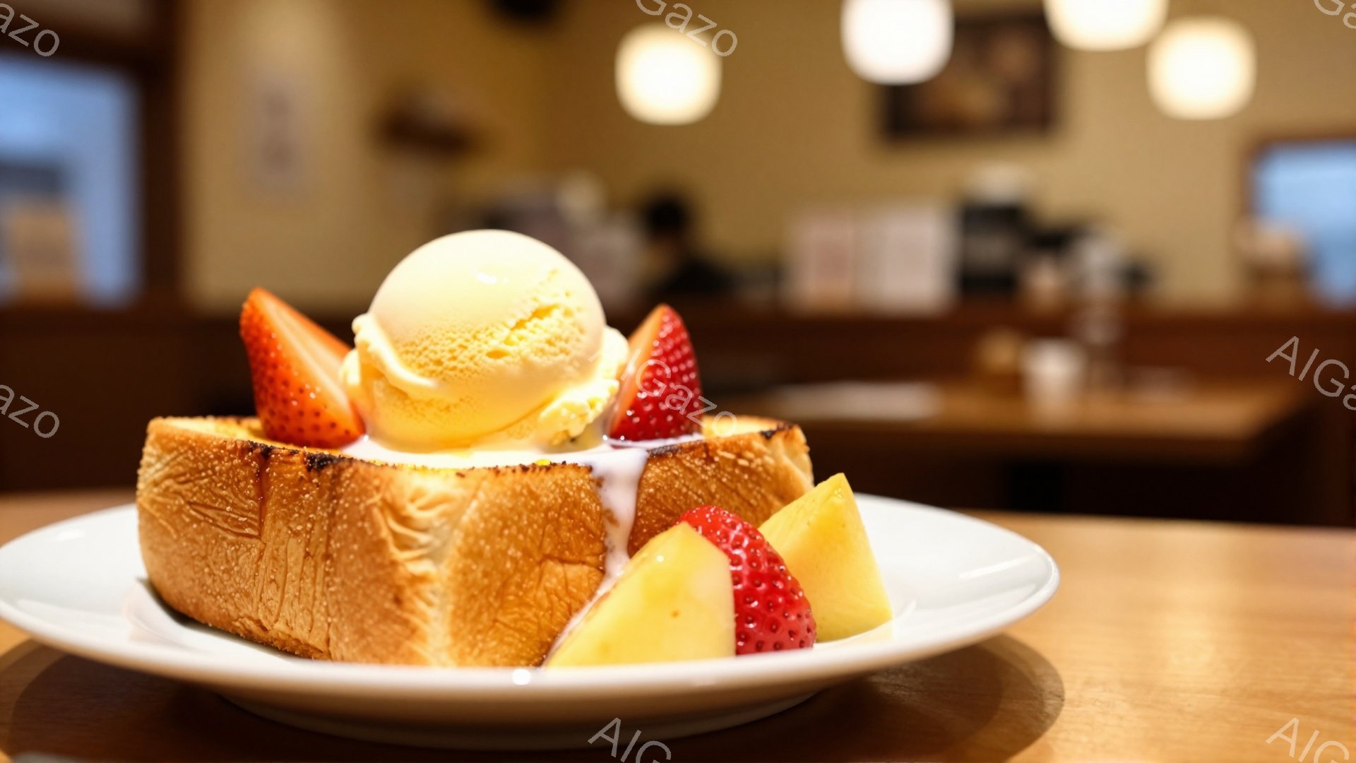 厚切りトーストにアイスクリームとフルーツが乗せられたデザートが、白い皿に乗ってテーブルに置かれています。アイスクリームは明るい黄色で、新鮮なイチゴと黄色いパイナップルの欠片が添えられ、白いソースがトー - AI生成フリー素材