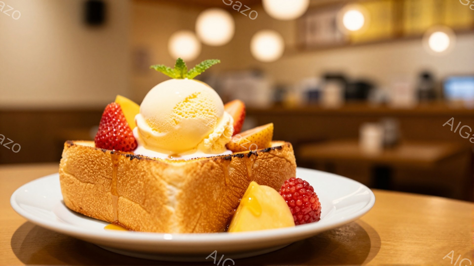 白い皿の上に、厚切りトーストが乗っています。トーストの上には、バニラアイスクリーム、いちご、桃のスライスが飾られ、全体に蜂蜜がかけられています。背景はぼやけており、カフェのような暖かく落ち着いた雰囲気です。