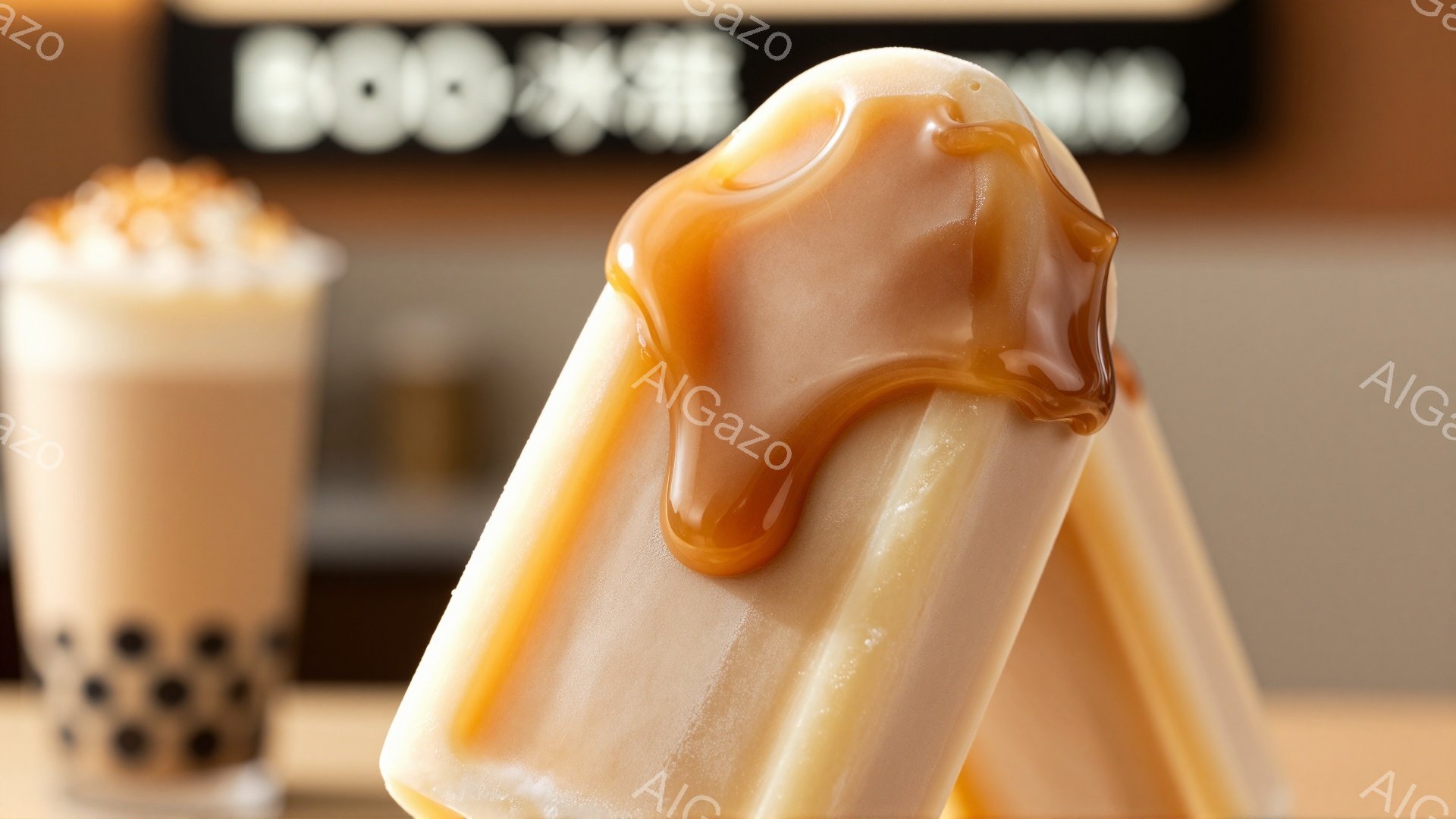 鮮やかな光の下で、キャラメルソースがかかったアイスバーがいくつか並んでいます。背景には、タピオカミルクティーらしき飲み物と、ぼやけた日本語の看板が見えます。全体的に、甘くておいしそうなデザートのプロモーション写真のような雰囲気です。