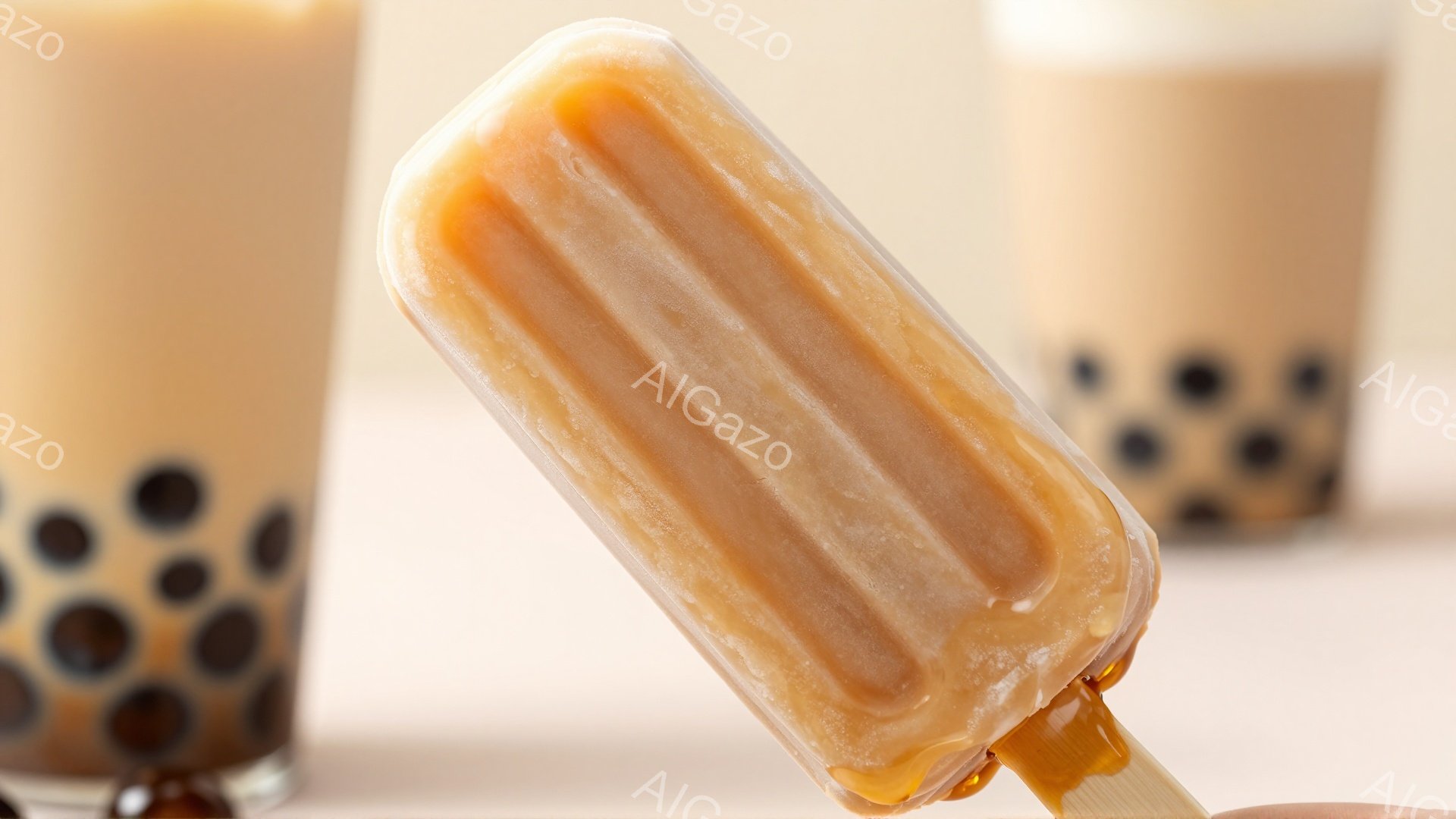 焦点はキャラメル色のポップシクルに当てられており、表面には小さな水滴が見られます。背景には、タピオカティーが入ったグラスがぼやけて見え、全体的に柔らかく暖かい雰囲気を醸し出しています。光沢のあるキャラメルソースがポップシクルの下から流れ落ち、甘くて美味しいデザートであることを暗示しています。